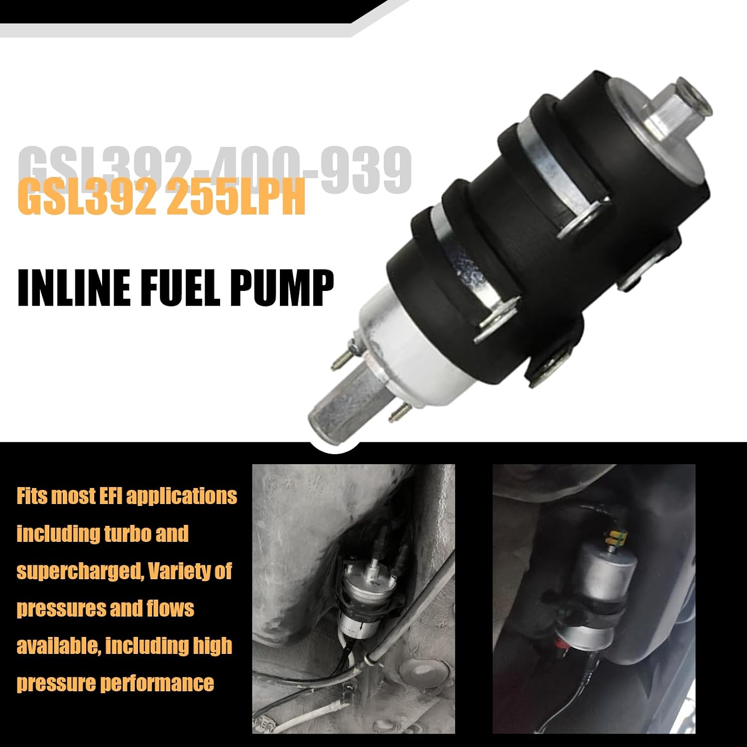 High-Pressure Inline Fuel Pump 255LPH (Universal External Fuel Pump) with Installation Kit–Compatible with GSL392-400-939 High Flow Pressure External Inline