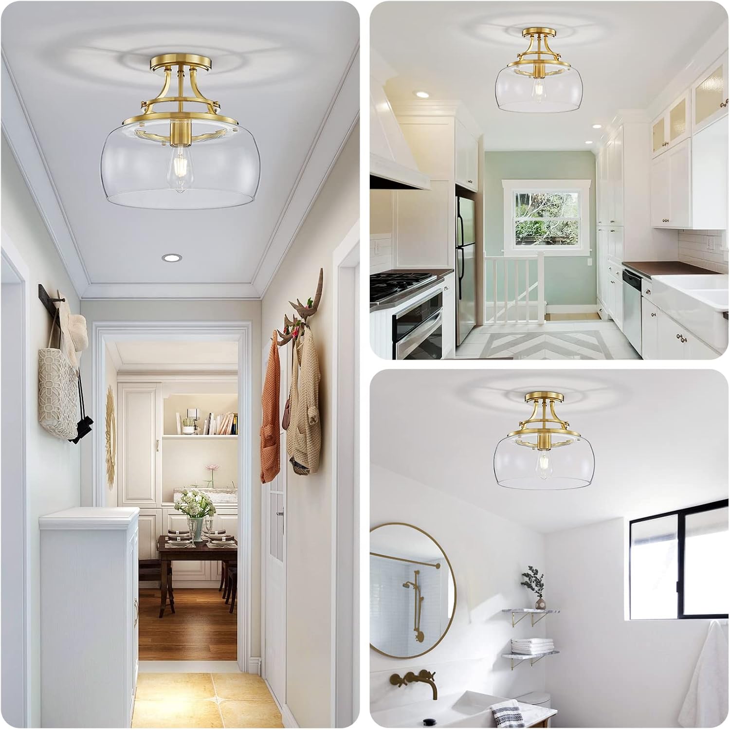 WUZUPS Chandelier Rustic Farmhouse Industrial Round Semi-flushmount Ceiling LED Light Fixture with Clear Glass Shades for Bathroom Kitchen Foyer Entryway, H 11.8" x W 13.4", E26 Base, Brushed Gold