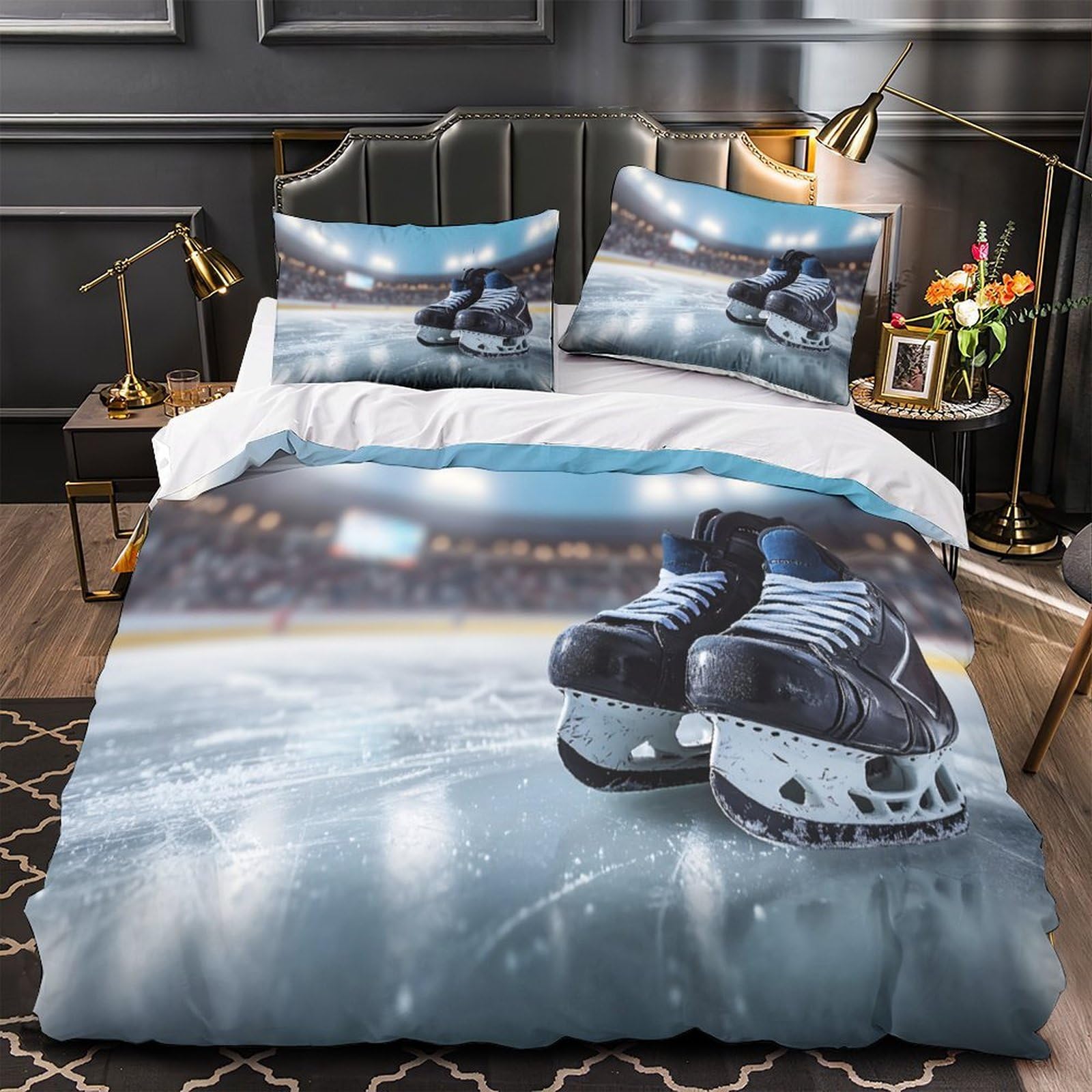 Housse de couette hockey 220x240cm avec 2 taies d'oreiller en microfibre pour lit king size ado