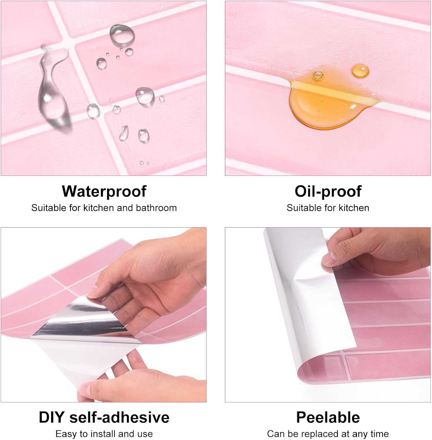 Peel and Stick Tile, 3D Kitchen Tiles Peel and Stick Backsplash, Self-Adhesive Tile Stickers, 10 Sheets of 11.4" x 9" Wall Tiles, Waterproof Removable Backsplash for Kitchen and Bathroom (Pink)