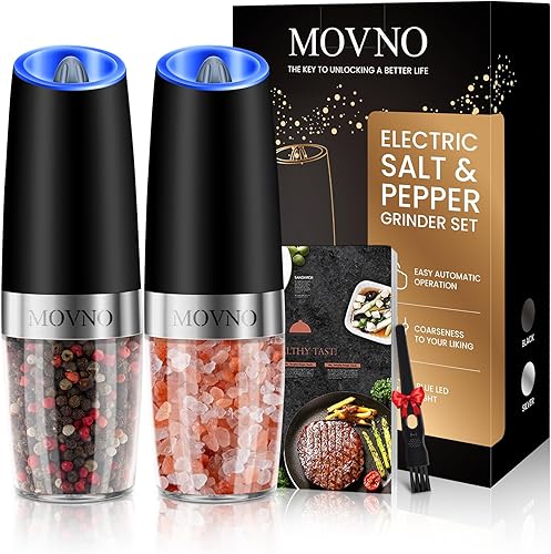Juego de 2 molinillos eléctricos de sal y pimienta por gravedad, luz LED alimentada por batería, operación automática con una mano, molinillos de