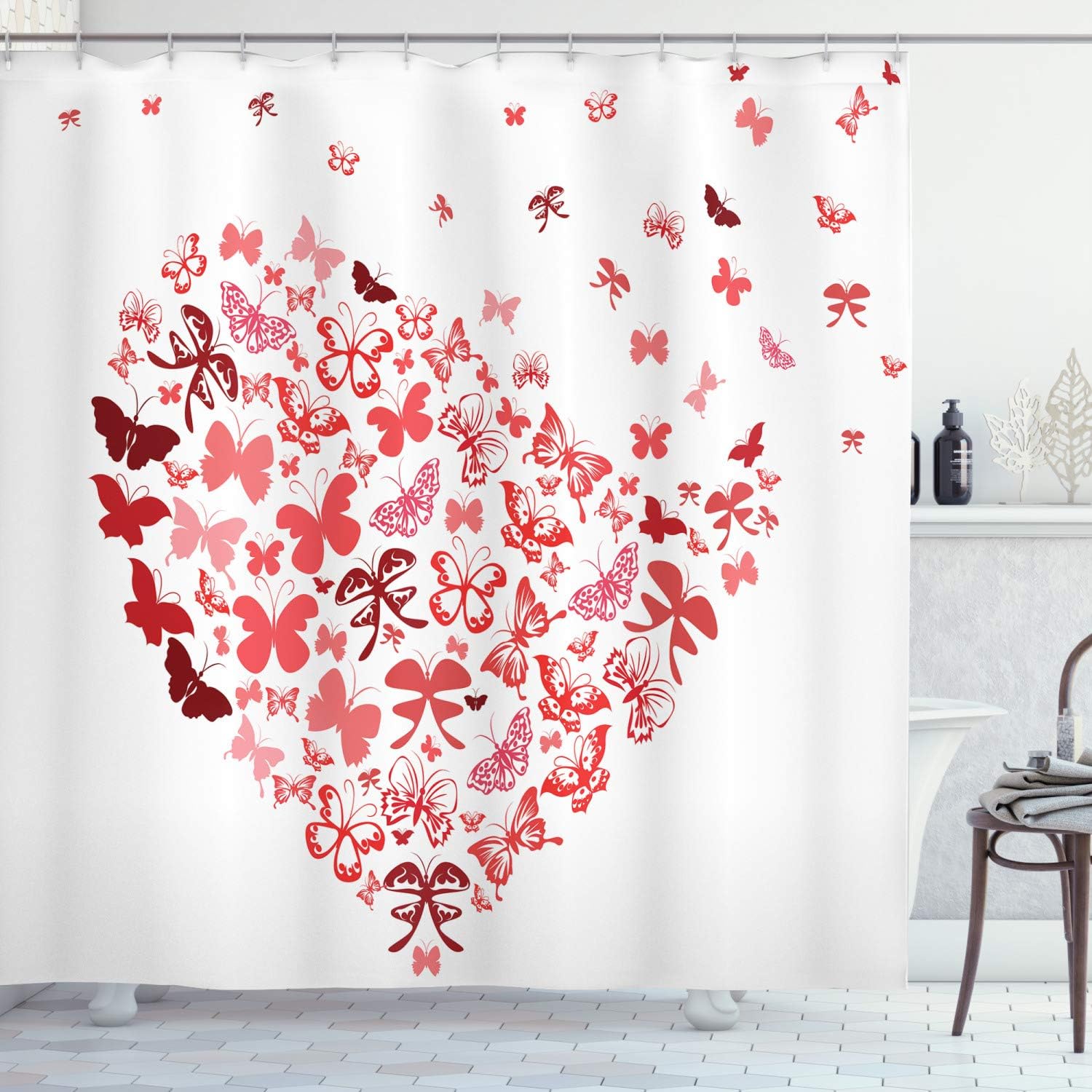 Ambesonne Love Shower Curtain, Butterfly Heart for Valentine's Day Anniversary Illustration Celebration Theme Artwork, Cloth Fabric Bathroom Decor Set with Hooks, 69" W x 70" L, Coral Ruby