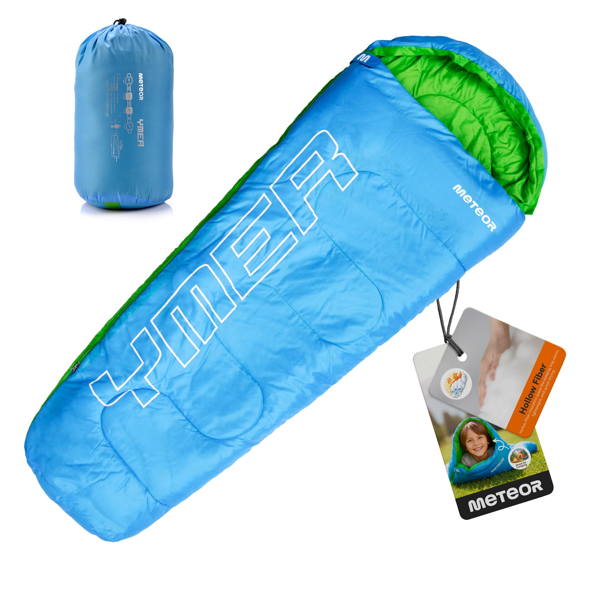 Sac de Couchage Enfant METEOR YMER – Sac Momie 160 cm – Léger – Chaud – Compact – Hollow Fibre – 3 Saisons – Camping et colonie