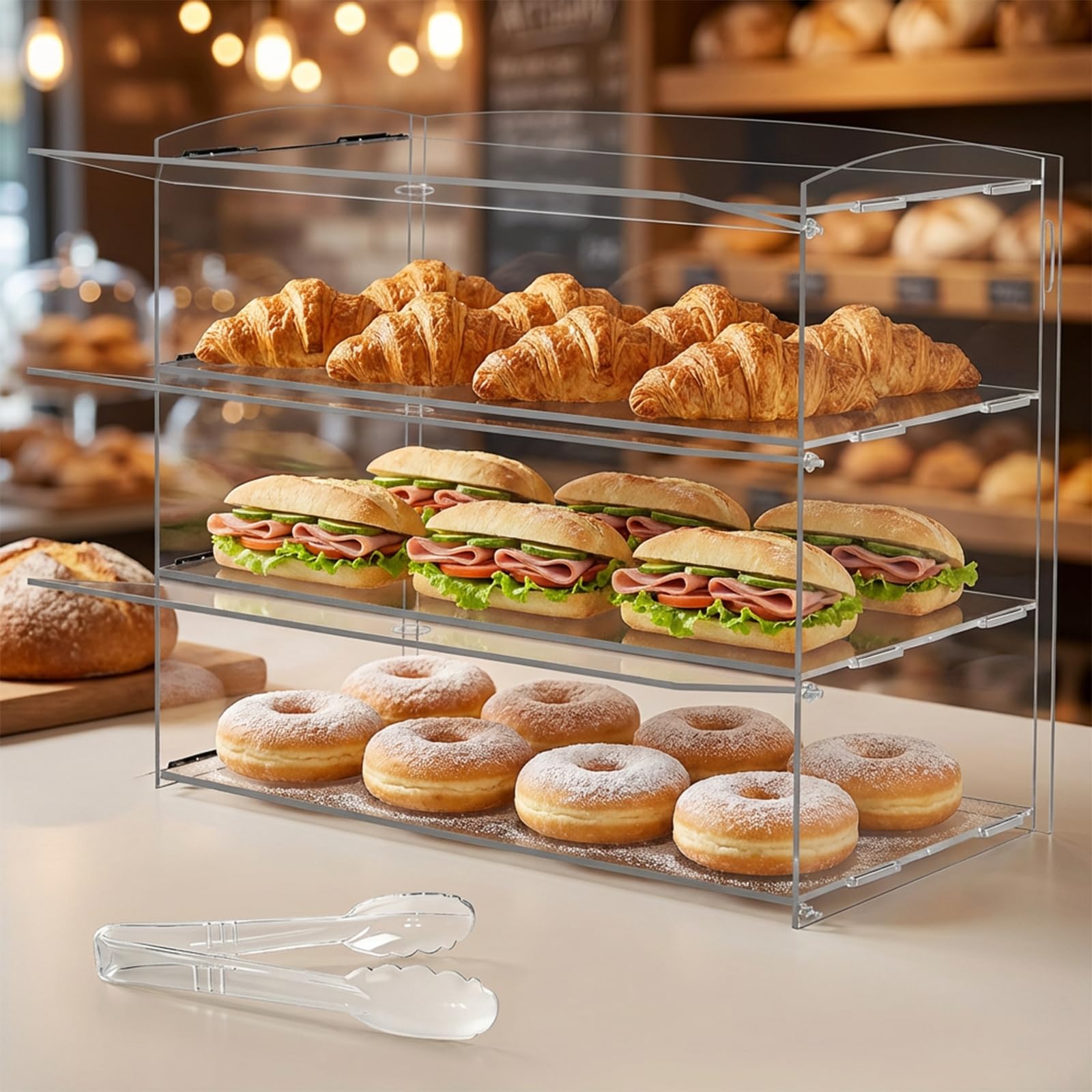 TAIMIKO Vitrina de acrílico para repostería, 3 niveles, vitrina de panadería de 19 x 9 x 15.3 pulgadas para pan, postres, alimentos, galletas, hornear, pasteles, donas con pinzas para servir pasteles