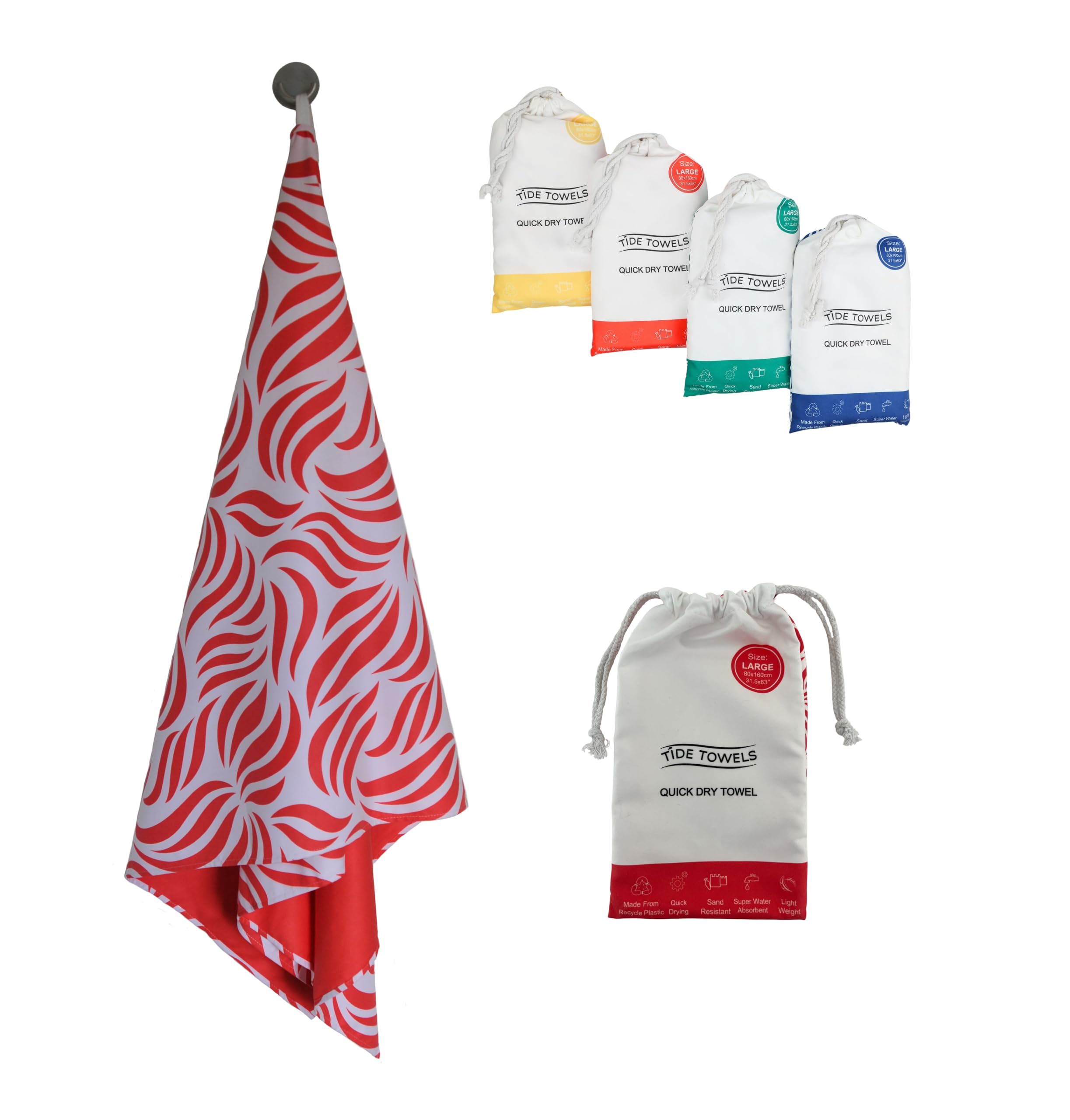 Tide Towels Coral Red - Beach & Travel Towel - Quick Drying - Sand Free - Odourless - Lightweight & Compact - Includes Bag - Perfect For Travel, Swimming, Yoga, Camping & Gym. (Coral Red)