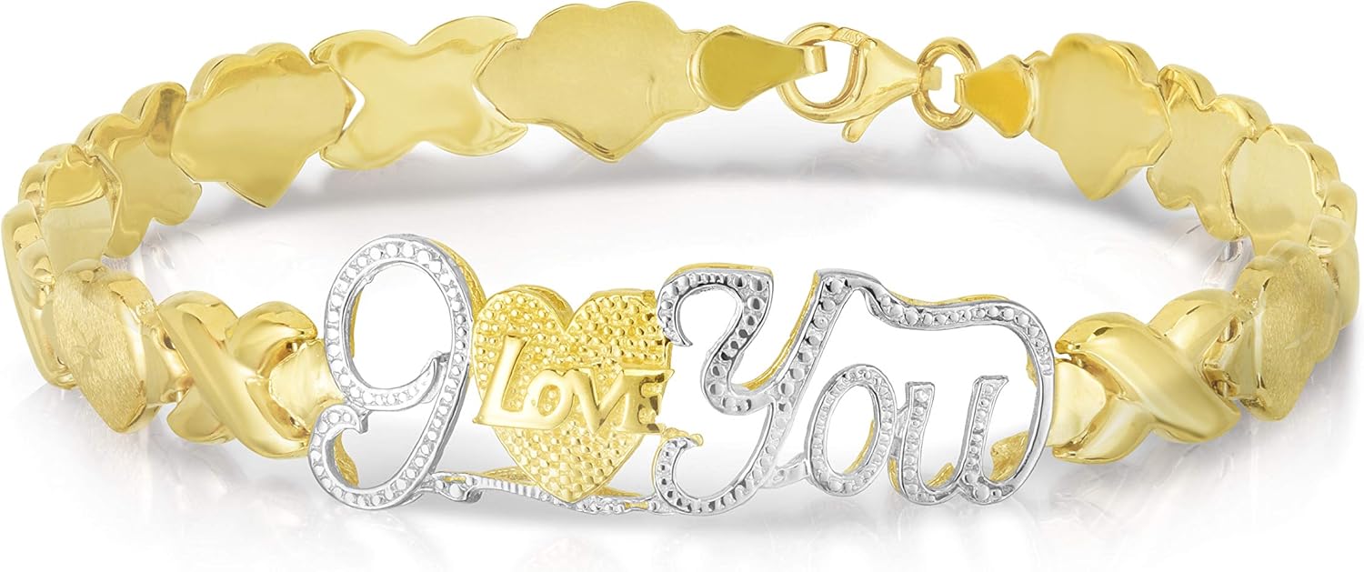 Floreo 10k Yellow Gold XOXO and Heart I Love You Lightweight Necklace or Bracelet (Optional Jewelry Set)