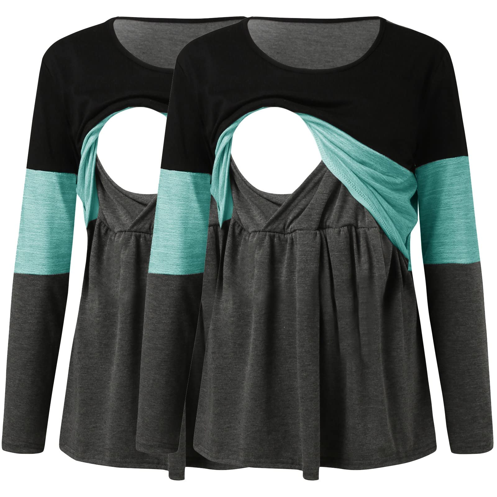 Umstandsmode Damen Langarm Rundhalsausschnitt Farbblock Stilloberteil T-Shirt Stillen Schwangerschaftskleidung Bequem Dehnbar Basic Paket
