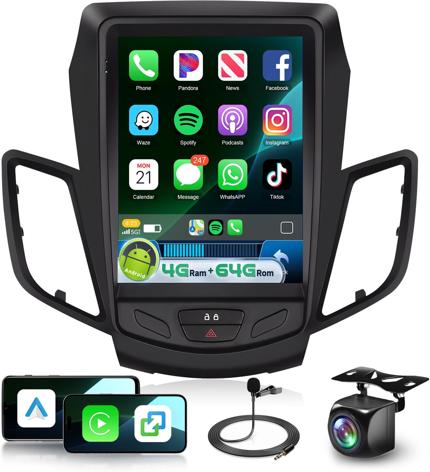 4G+64G Car Radio for Ford Fiesta 2009-2016 Android Car Stereo Upgrade with DSP Wireless Carplay/Android Auto, 9.7" HD IPS Touch Screen Radio Bluetooth 5.0 GPS WiFi FM/RDS SWC Backup Camera