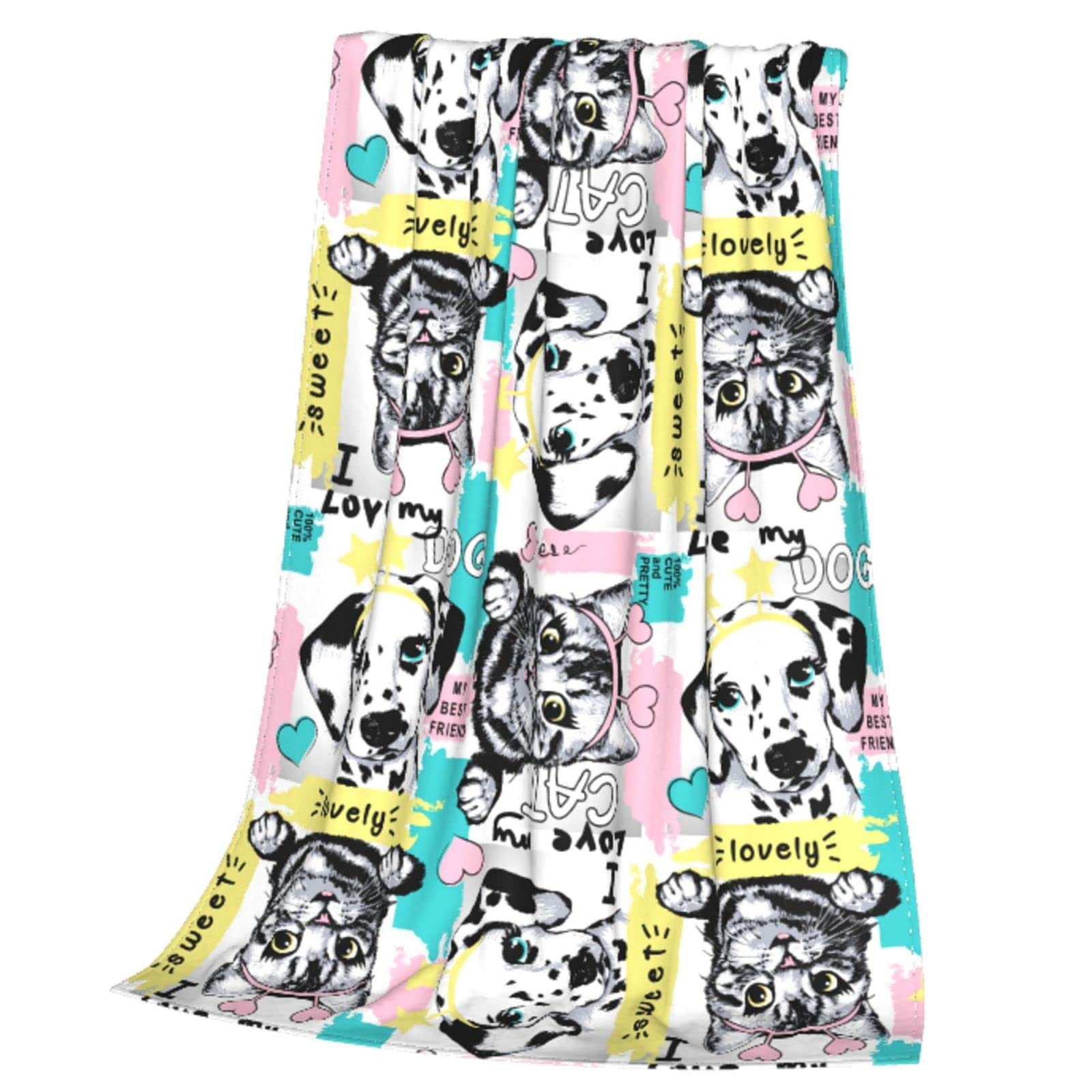 Graziosa coperta in pile con gatti e cani per letto, divano, coperta in pile, leggera, morbida e accogliente, 127 x 101,6 cm