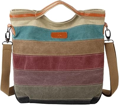 Canvas Handbag Crossbody Bag Multi-Color Striped Shoulder Bag Satchel Ladies Hobo Tote for Travel Work Shopping Daily Use Multicolor