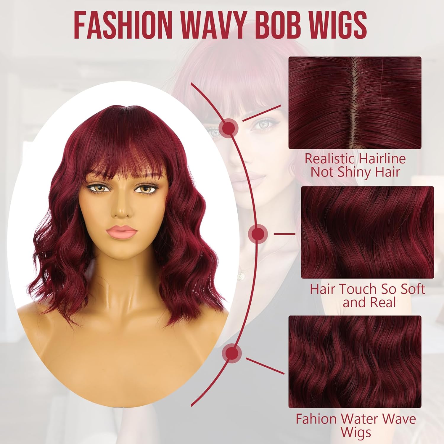 eNilecor Burgundy Wig for Women,Short Wavy Curly Bob Hair Wig with Bangs,14" Natural Synthetic Party Costume Cosplay Halloween Colred colorful Color Fun Neon Funny Wigs For Women