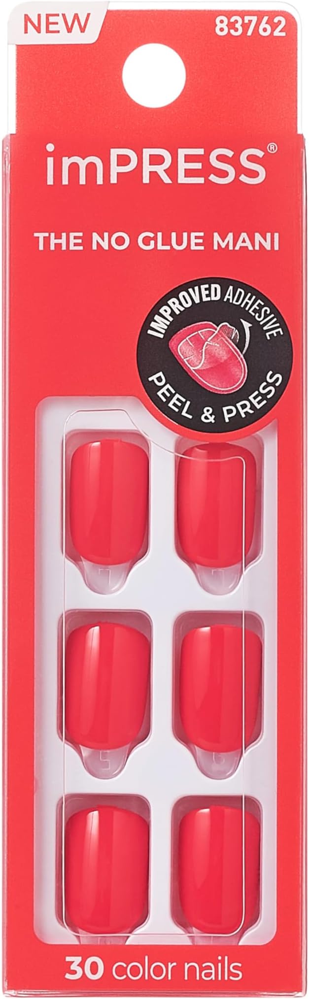 KISS imPRESS Color Press-On Manicure, Gel Nail Kit, PureFit Technology, Short Length, “Corally Crazy”, Polish-Free Solid Color Mani, Includes Prep Pad, Mini File, Cuticle Stick, and 30 Fake Nails