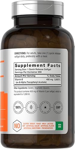 Miniatura 2 de Vitamina E 1000 UI cápsulas de gelatina blanda, 200 unidades, sin OMG, sin gluten, sin conservantes, aceite de vitamina E, por Horbaach