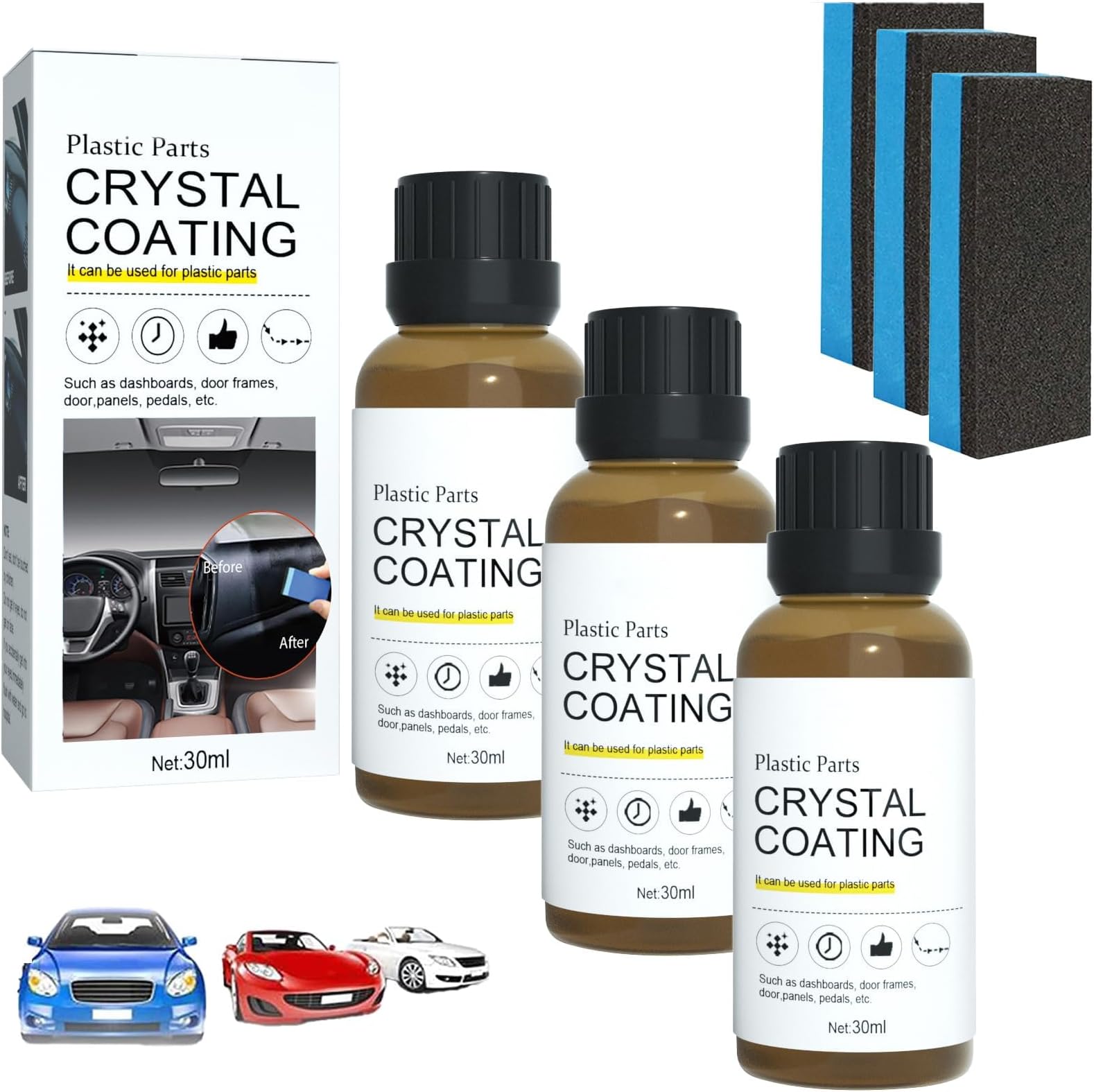 Generic 3-Pack Crystal Coating for Car Plastic Parts, Easy to Use, Long-Lasting Protection, 30ml Each