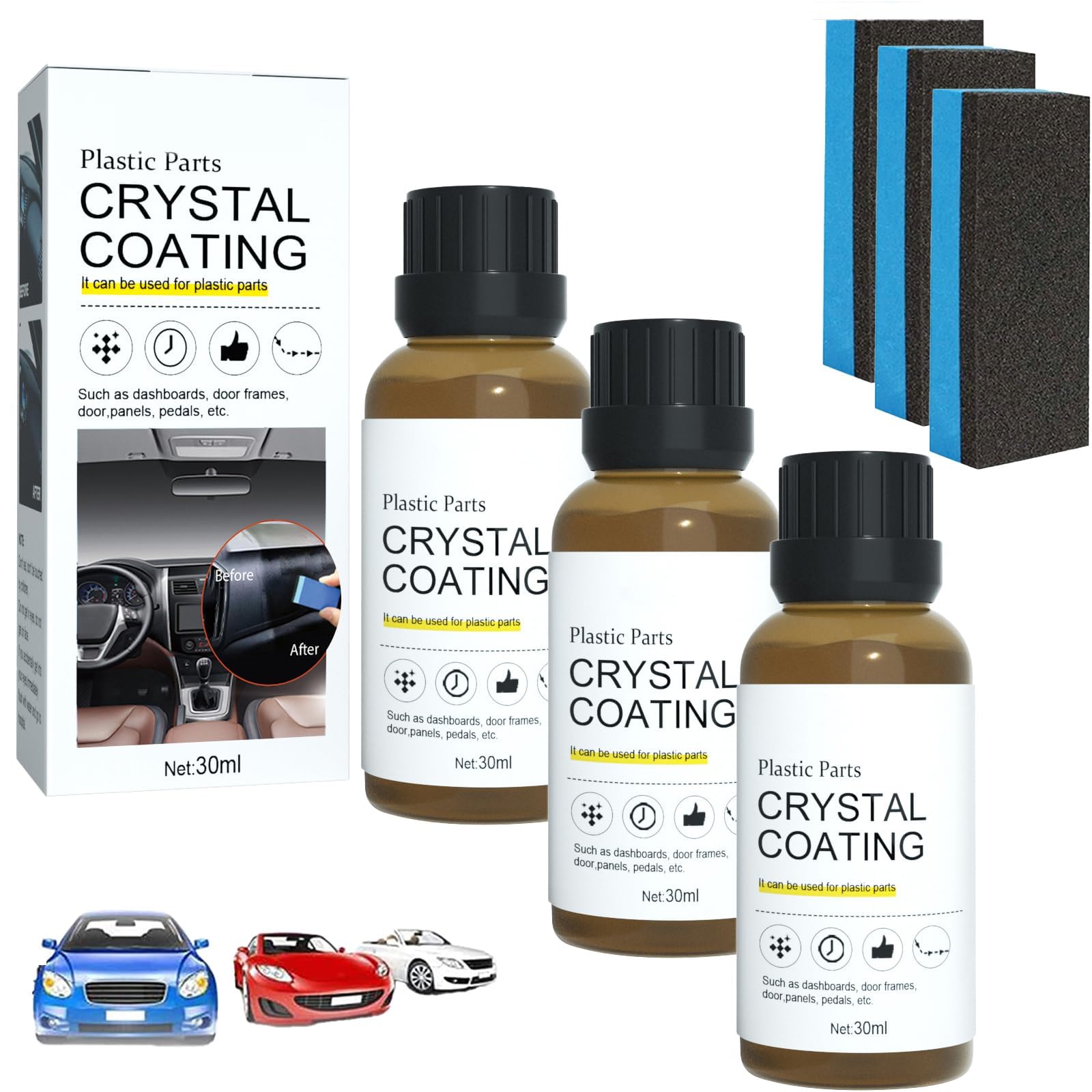 Generic 3-Pack Crystal Coating for Car Plastic Parts, Easy to Use, Long-Lasting Protection, 30ml Each