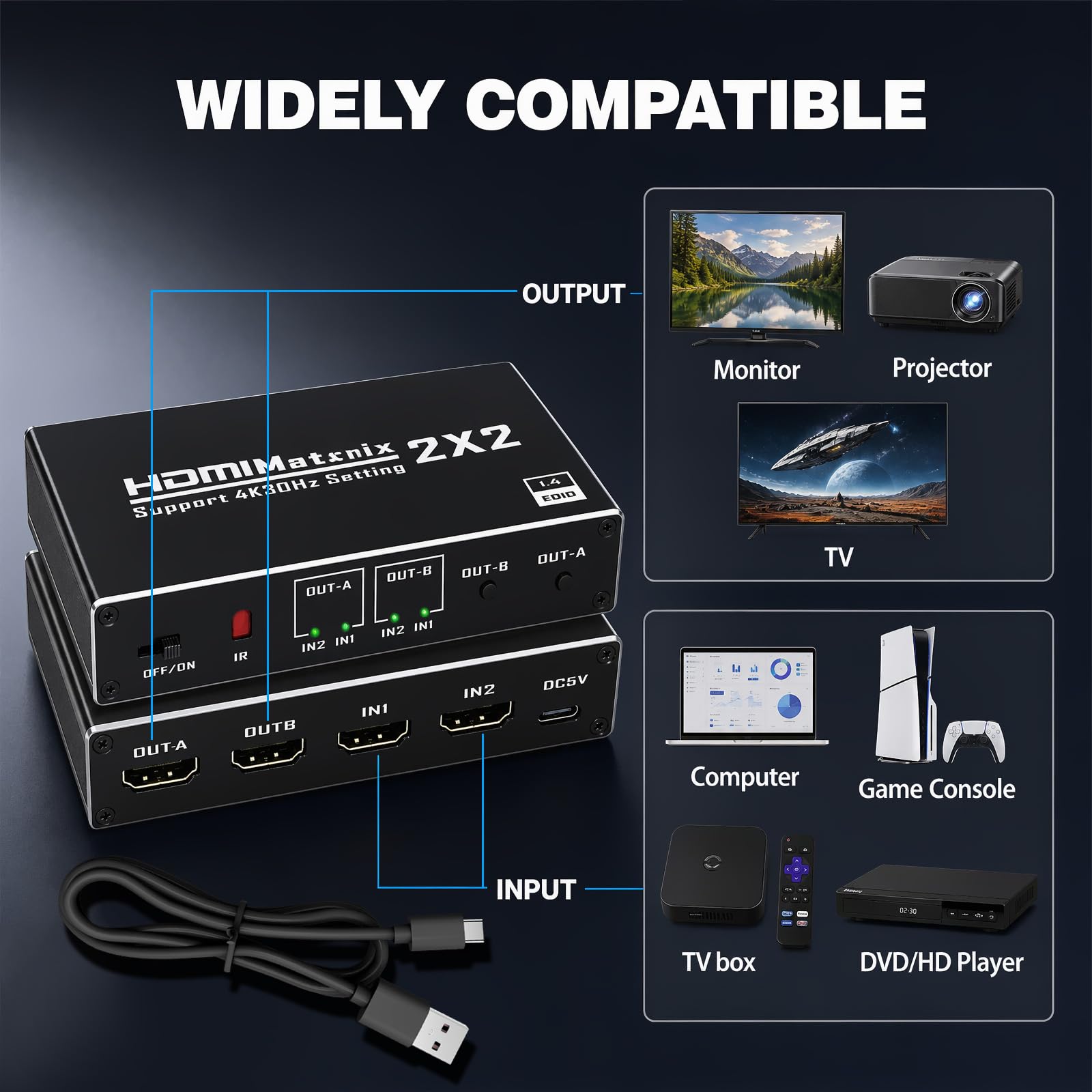 HDMI Matrix 2x2 - HDMI Switch 2 in 2 Out 4K@60Hz mit IR-Fernbedienung für PC TV Beamer