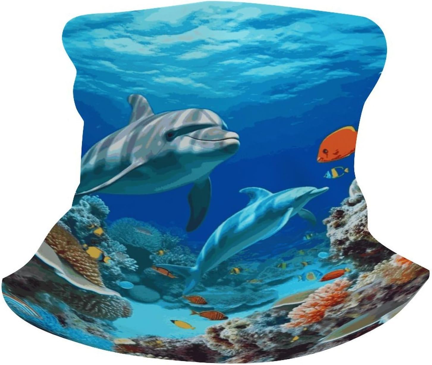 Upf 50+ Fishing Neck Gaiter Breathable Balaclava Half Face Mask Quick Dry Neckscarf Ski Mask Windproof Seabed Coral Fish Dolphins Face Covering for Sun Protection Outdoor