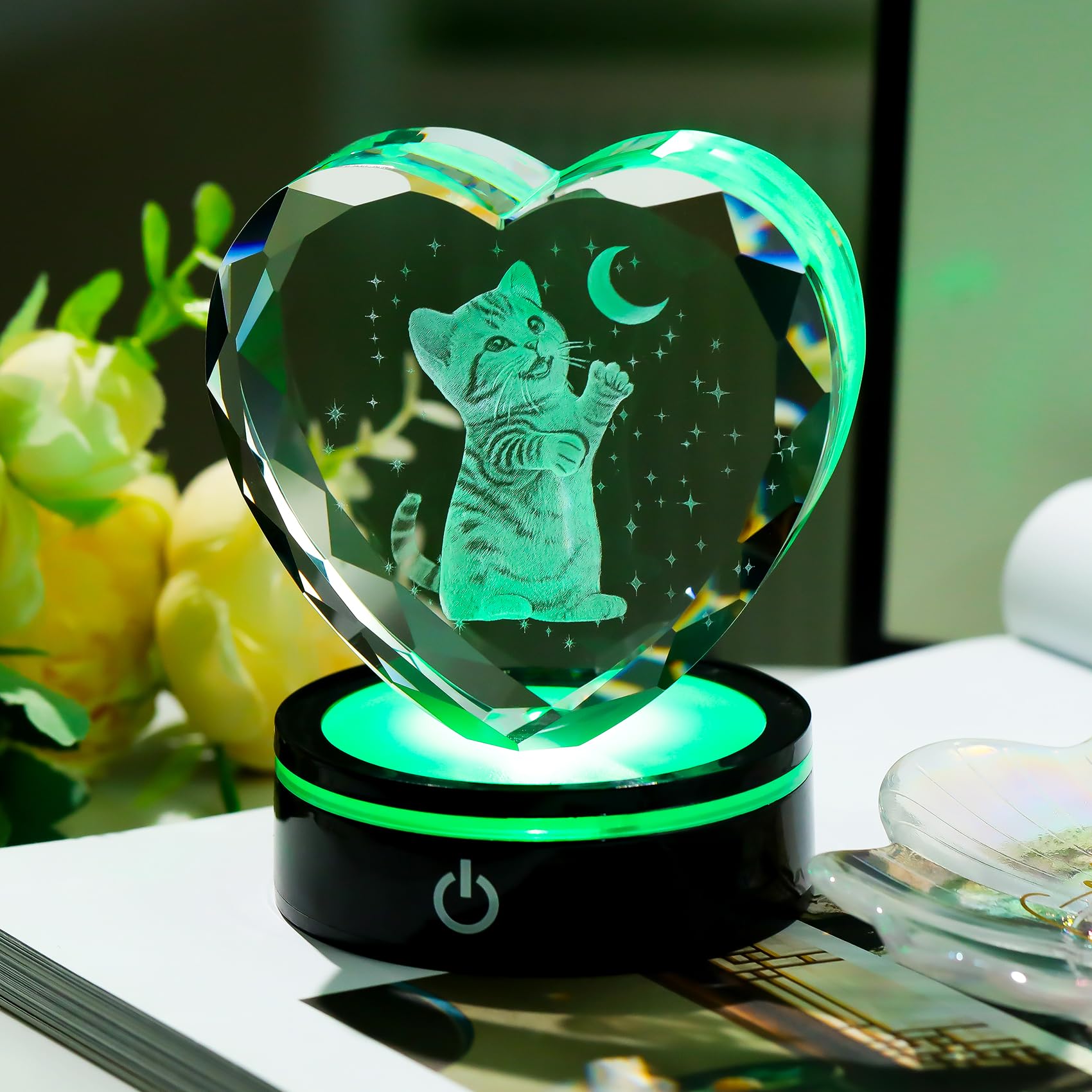 Arikyrist K9 Crystal Heart Engrave 3D Cat and Moon Figurine Keepsake with LED Light Base Cat Themed Gifts for Women Cats Lovers Collectible Paperwight Ornaments Home Decor - Image 2