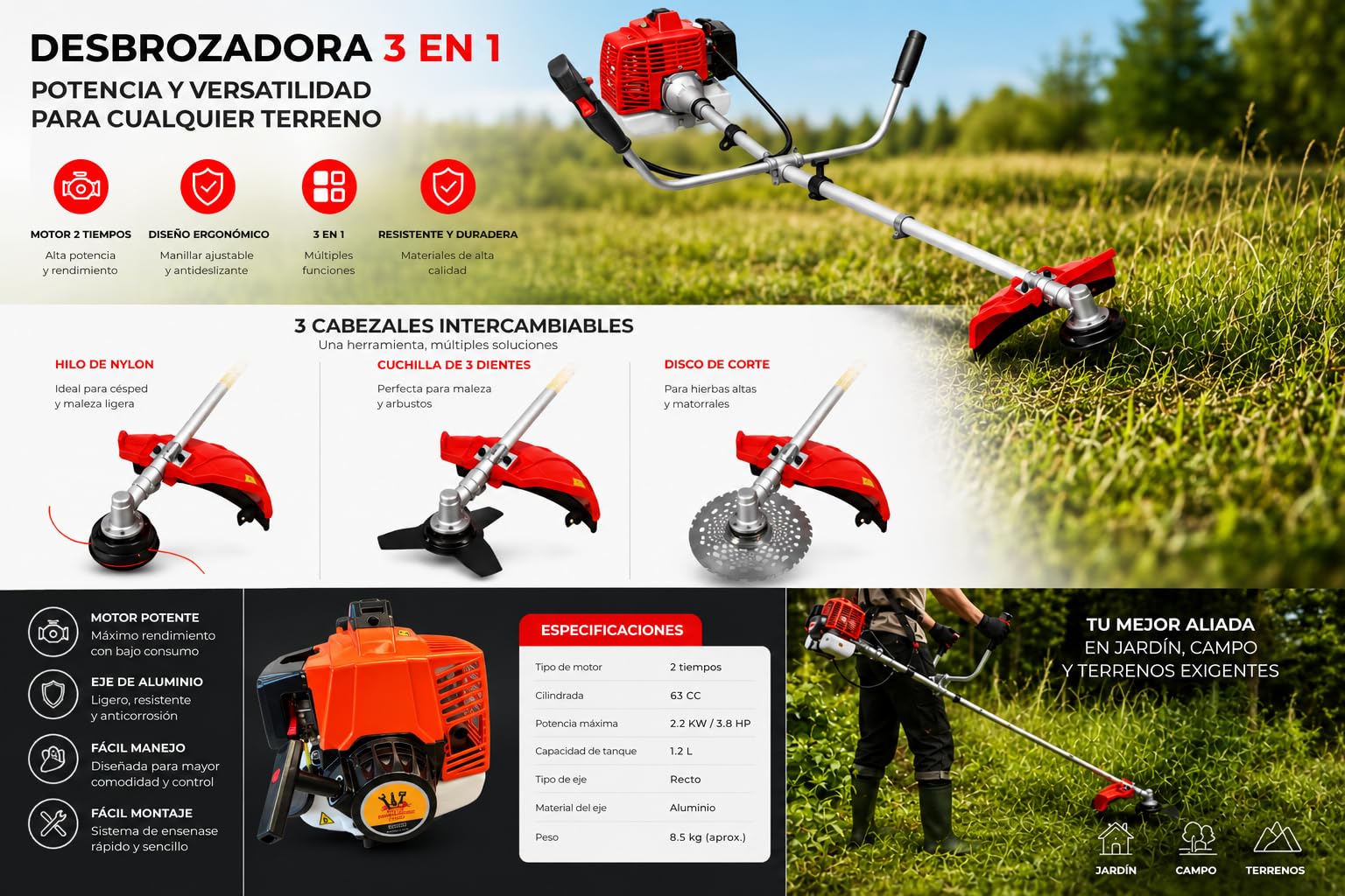 DESBROZADORA Gasolina DE 63CC, 3,4 CV, Barra Partida