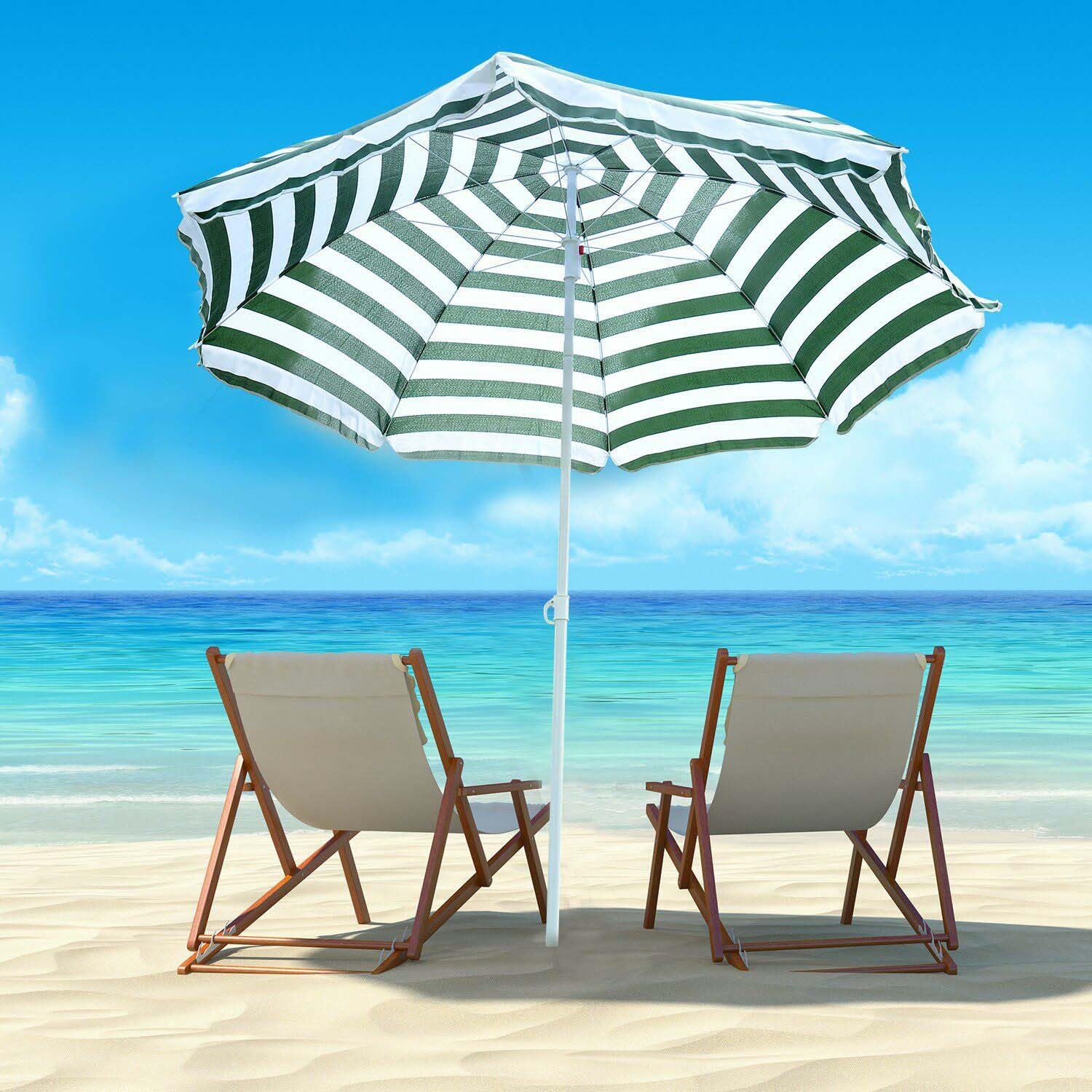 200 cm Strandschirm neigbarer, tragbarer, grün gestreifter Sonnenschirm, rund Gartenschirm mit Sonnenschutz UPF 50+ für Picknick und Camping