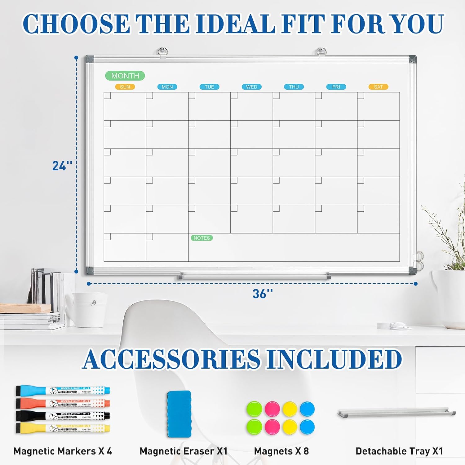 WALGLASS Dry Erase Calendar Whiteboard for Wall, 36" x 24" Double-Sided Monthly Calendar White Board with Silver Aluminum Frame, Hanging or Wall Mount Large Whiteboard for Home, Office, School