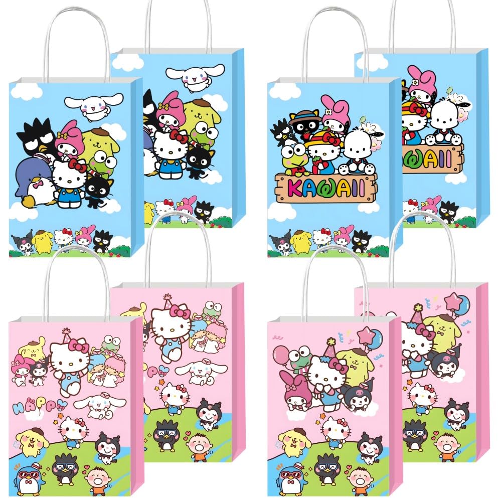 BNFUO 12pcs Kawaii and Friends Party Gift Bags with Handles,Kawaii Birthday Supplies for Cartoon and Friends Party Decorations