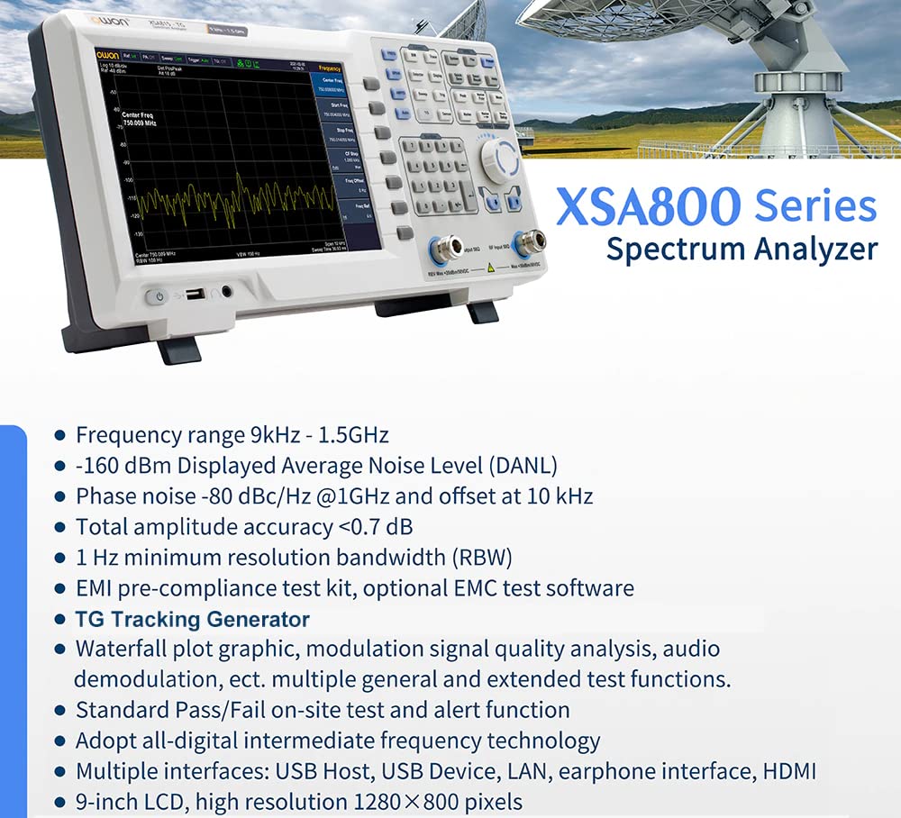 YuqiaoTime XSA805/XSA805TG/XSA810/XSA810TG/XSA815/XSA815TG Digital Spectrum Analyzer 9 inch LCD 1Hz Resolution Bandwidth 9kHz to1.5GHz Frequency (XSA810-TG)