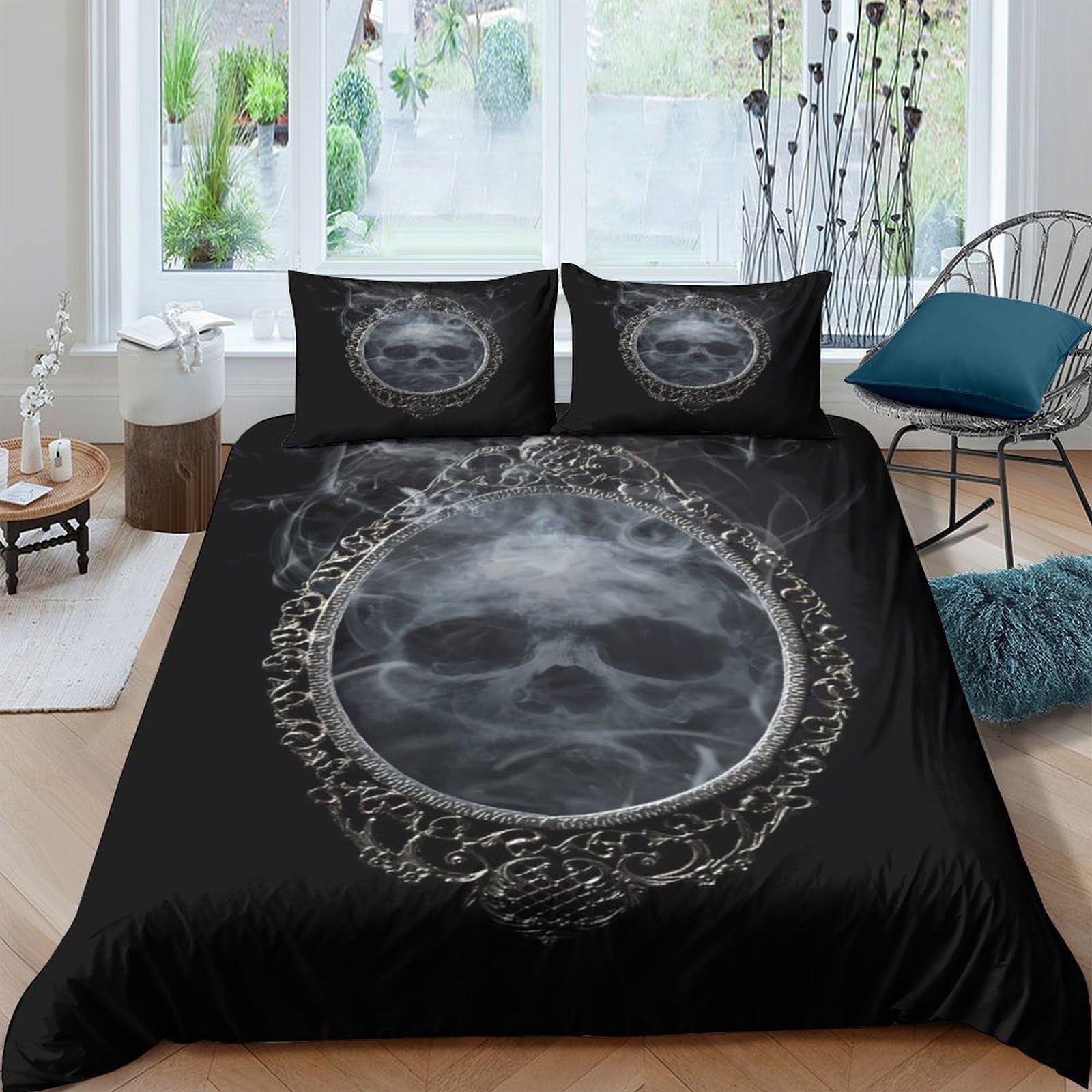 Ctjqhvkz Style-5 3D Printed Smoke Skull Fitted Sheet Microfiber Soft Black Gothic Mirror Bed Cover For Bedroom Guest Room Decor Single（135X200cm）