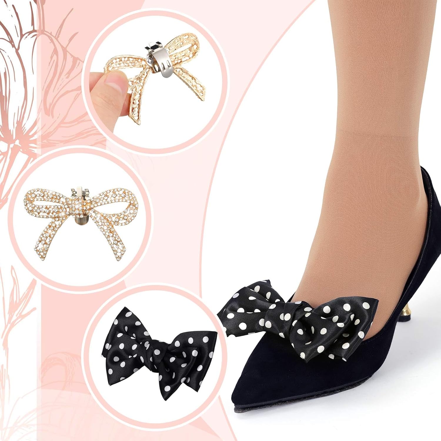12 Pcs Bow Shoe Clips Rhinestone Satin for Women Shoes Bags | Removable Buckles, Solid Colors and Polka Dot Styles, Gold Silver Pearl Details, Ideal for Wedding Party Bag Accessories