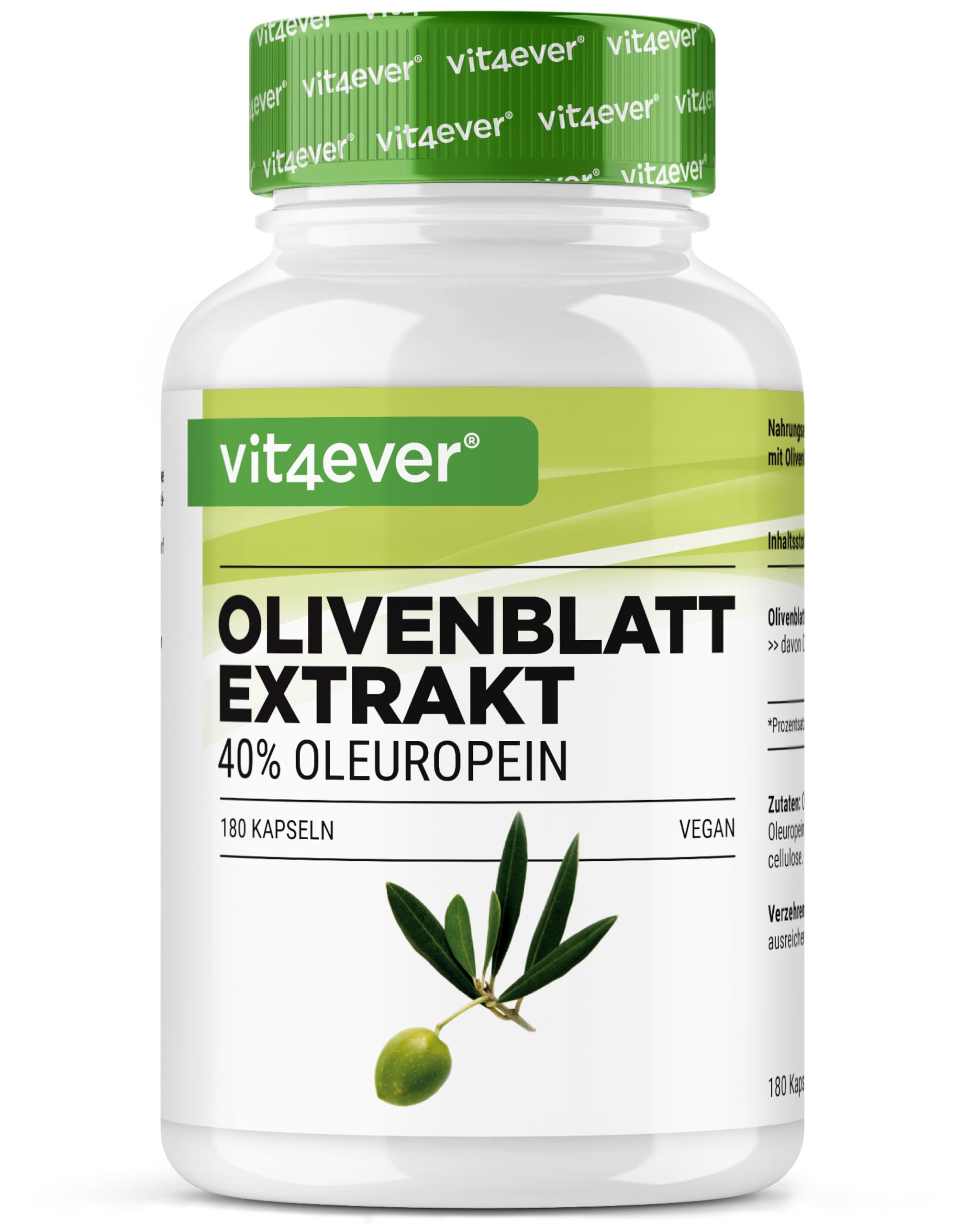 vit4ever Extrait de Feuilles d'Olivier - 180 capsules de 750 mg chacune - Extrait de Feuilles d'Olivier avec 40% d'Oleuropéine = 300 mg - Fortement Dosé - Vegan