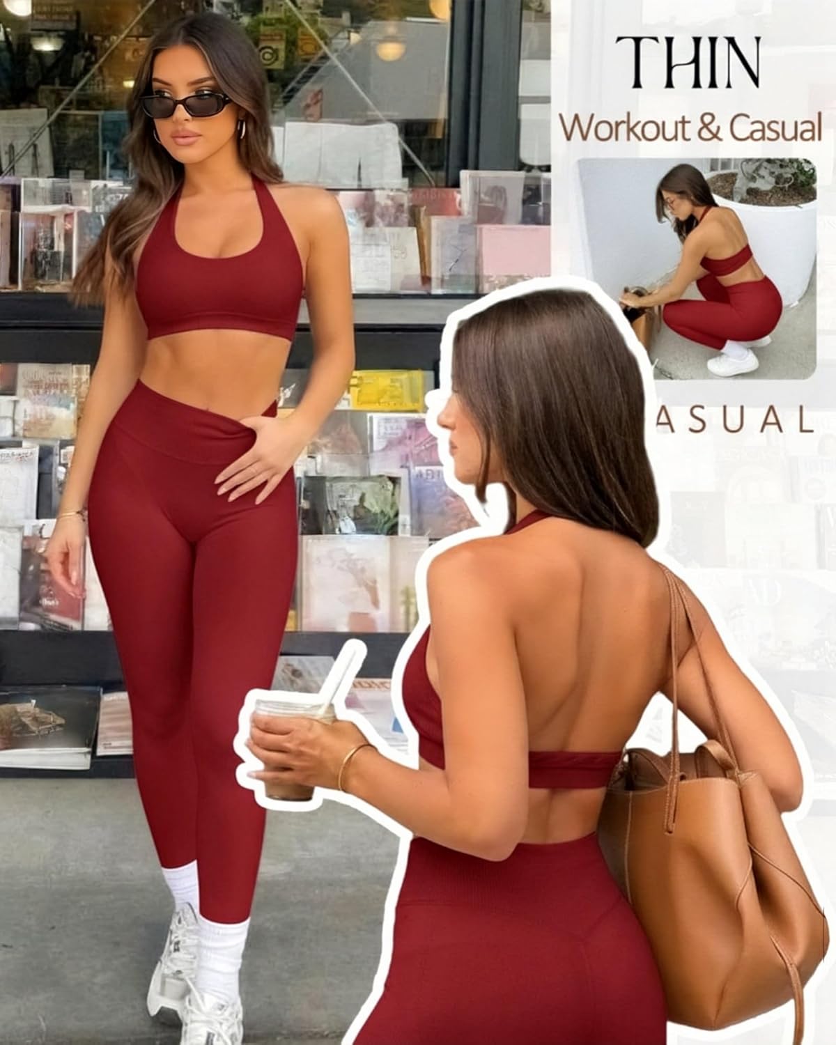 Coume Women Workout Set 2 Piece Seamless Halter Bra Scrunch Butt Lifting Leggings High Waisted Sports Gym Yoga Matching Set - Image 3