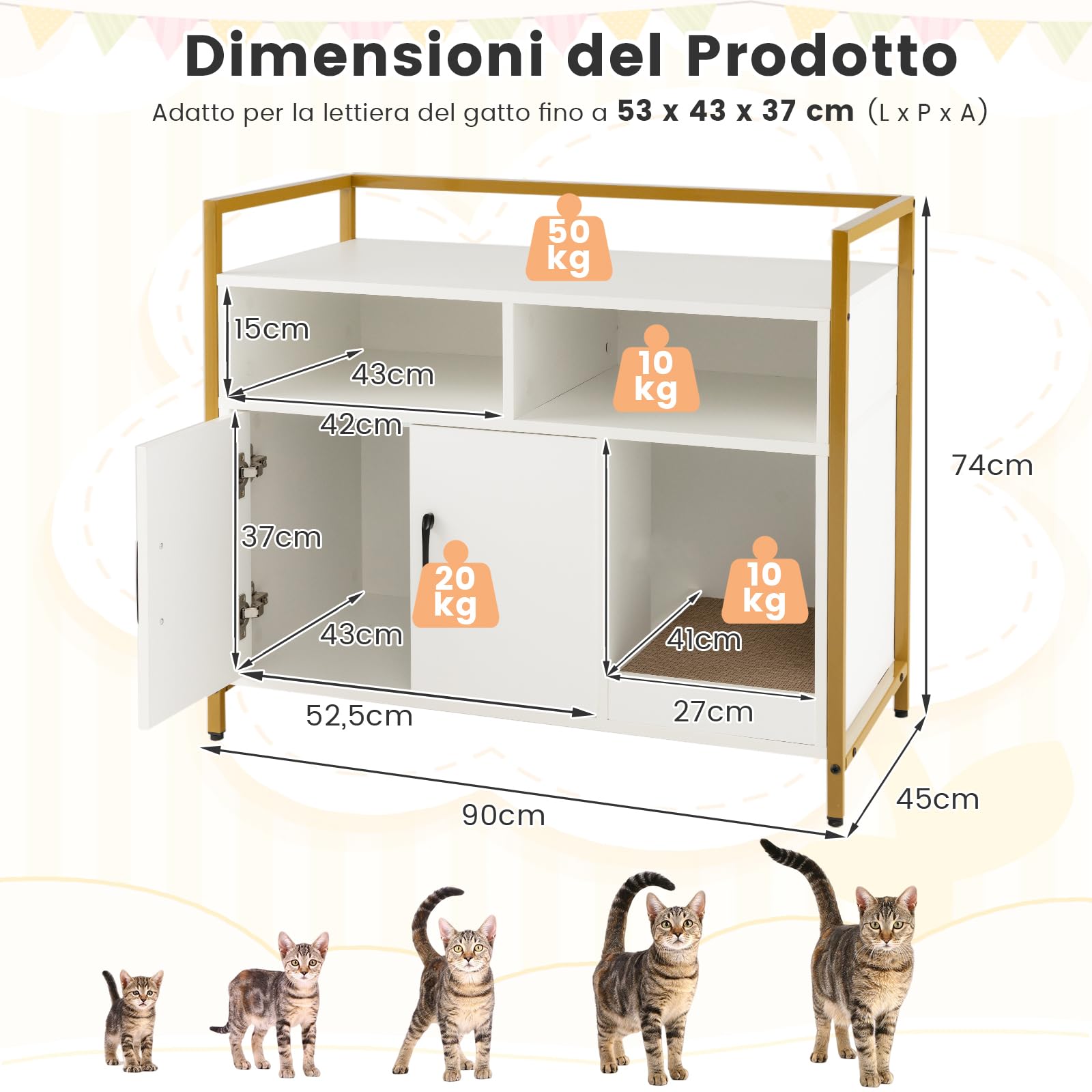 GYMAX Casetta per Gatto, Mobile Lettiera per Gatti, con Robusto Telaio in Metallo, Tiragraffi, Scaffali di Stoccaggio in Legno, Stile Industriale, 89 x 45 x 74,5 cm (Bianco)