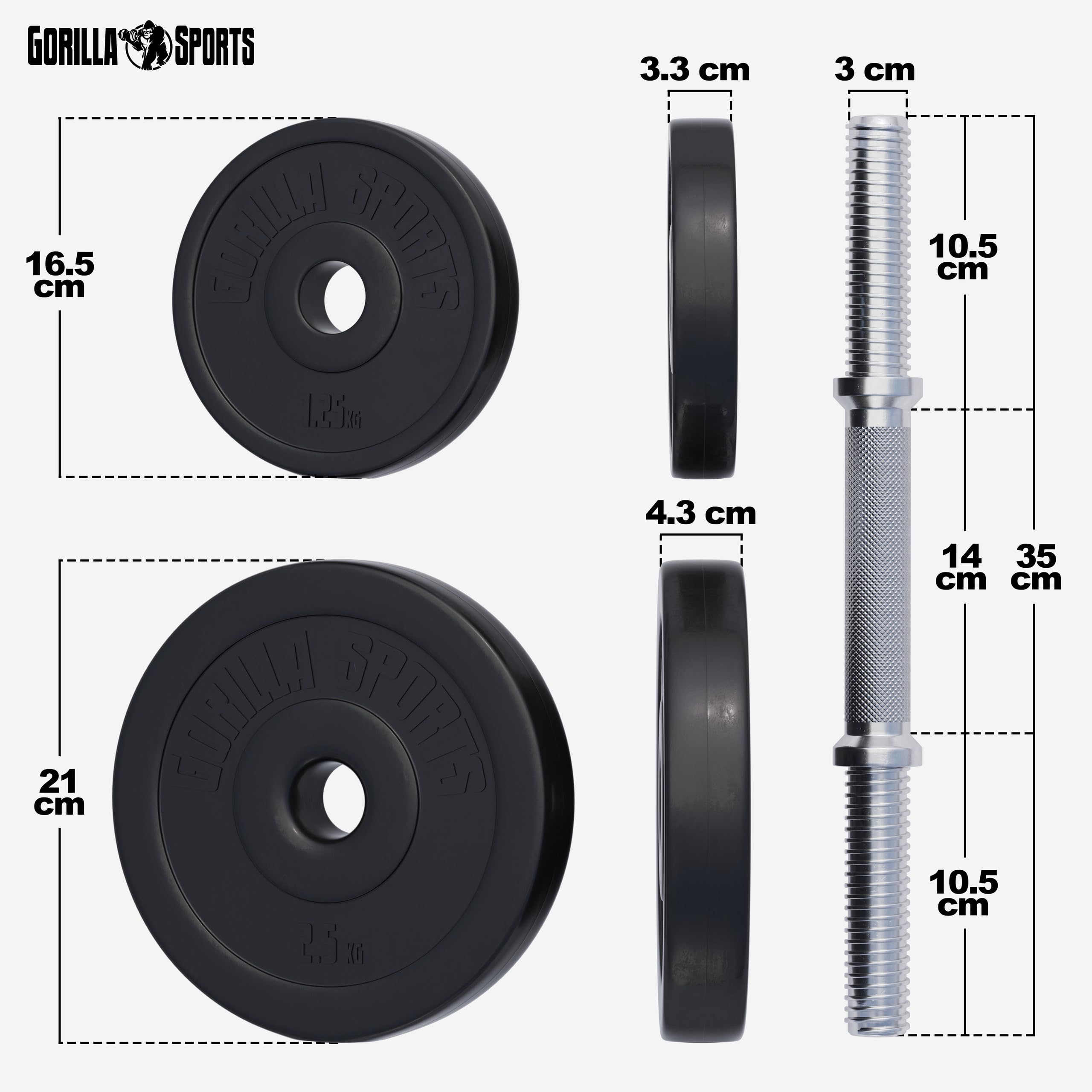 GORILLA SPORTS® Set di Manubri - Coppia, Dischi Pesi 20kg/30 kg, con Bilanciere Ø 30mm, 2 Chiusura a Stella, Rivestiti in Plastica, Nero - Pesi Regolabili Palestra, Fitness Dumbbell, Allenamento, Casa