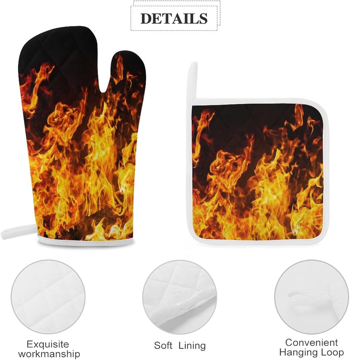 Big Fire Flames on Black Print Oven Mitts and Pot Holders 3 Piece Sets Heat Resistant Gloves Hot Pads Potholders for Kitchen Baking Cooking