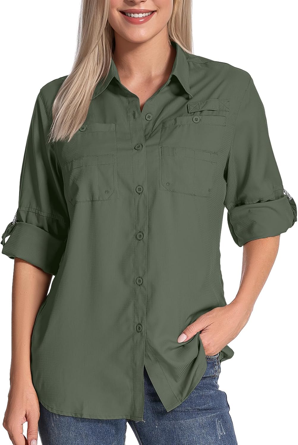Womens Long Sleeve Sun Protection Hiking Fishing Shirts UPF 50+ UV Lightweight Quick-Dry Safari Shirts Womens Outdoor