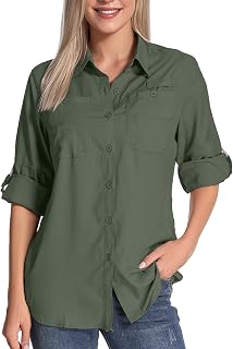 Womens Long Sleeve Sun Protection Hiking Fishing Shirts UPF 50+ UV Lightweight Quick-Dry Safari Shirts Womens Outdoor