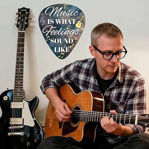 Miniatura 6 de GLOBLELAND Letrero de metal con diseño de púa de guitarra, diseño vintage con texto en inglés "Music is What Feelings Sound Like Signs", póster de