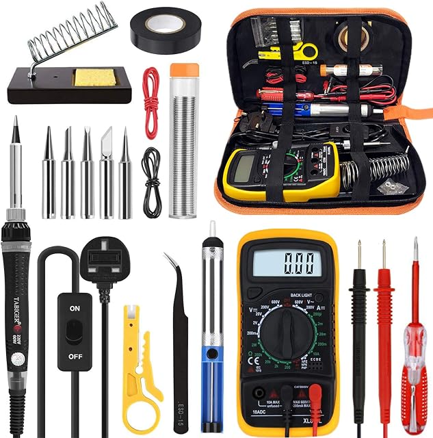 Tabiger Soldering Iron Kit, Soldering Kit with LCD Digital Multimeter, 60W Soldering Iron with 5 Extra Tips, Stand, Desoldering Pump, Solder, Wire Stripper Cutter, Tweezers, Tape, Tool Bag