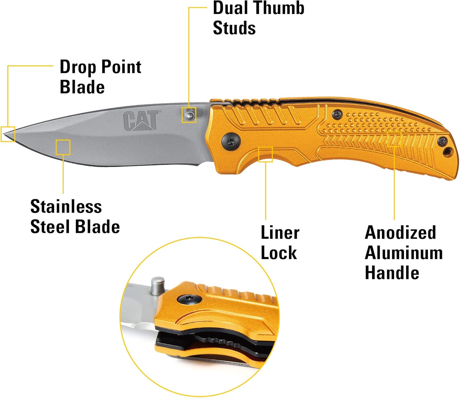 CAT Drop Point Folding Knife, 7Cr17MoV Stainless Steel Blade, Gold Aluminum Handle, Liner-Lock, EDC Outdoor Camping Knife