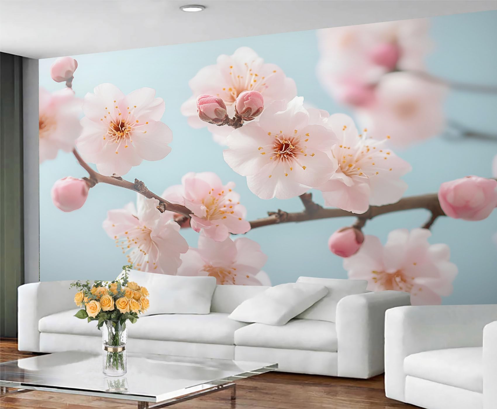 GIVLWF Wallpaper - Cherry Blossoms Home Decor & Mural, Spring Floral Bedroom Wallpaper, Wall Paper for Living Room, Large Wall Mural - Not Self-Adhesive, Pink Floral
