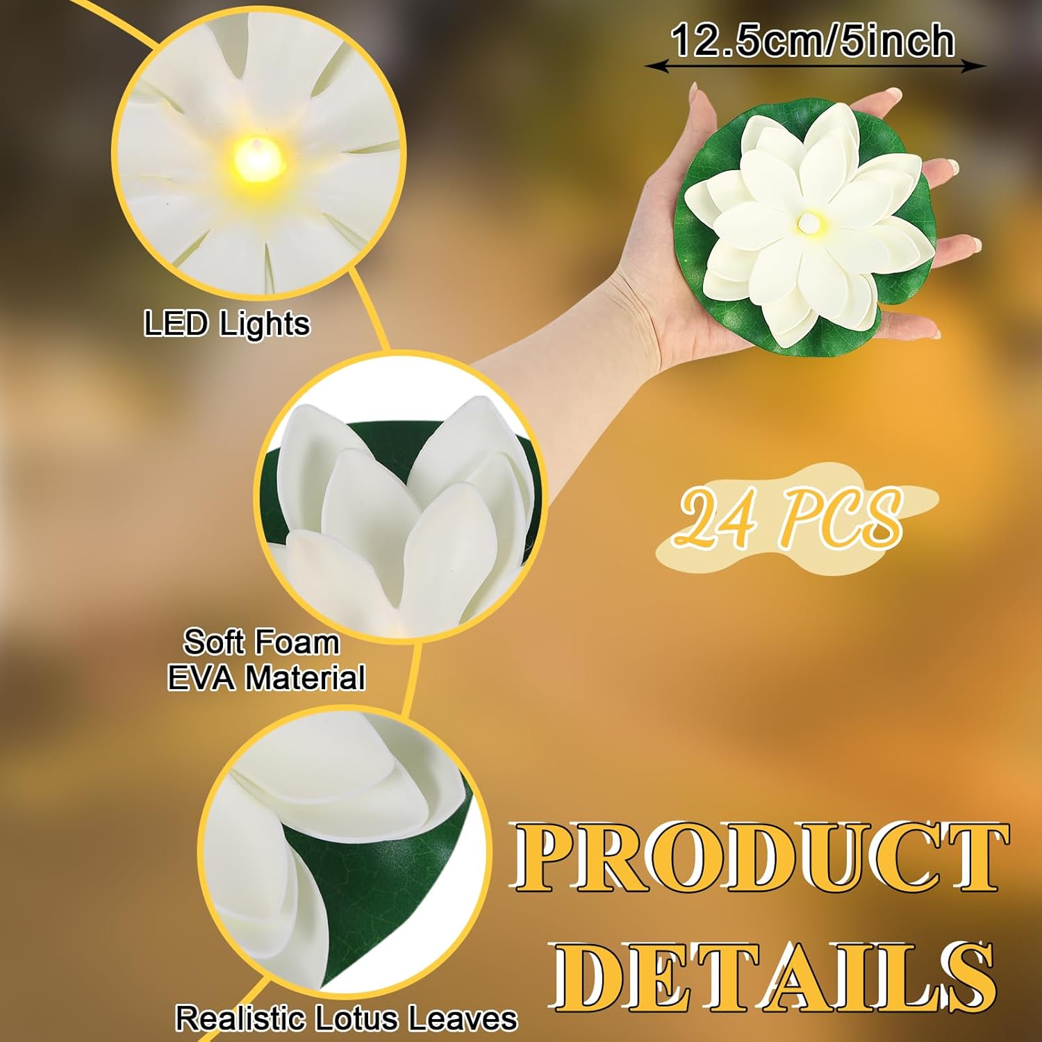 LACGO 24 PCS Waterproof Floating Lotus Lights - 5 Inch Floating Pool Flowers Battery Operated Water Activated Warm White Pool Flower Lights Wedding Anniversary Garden Decoration