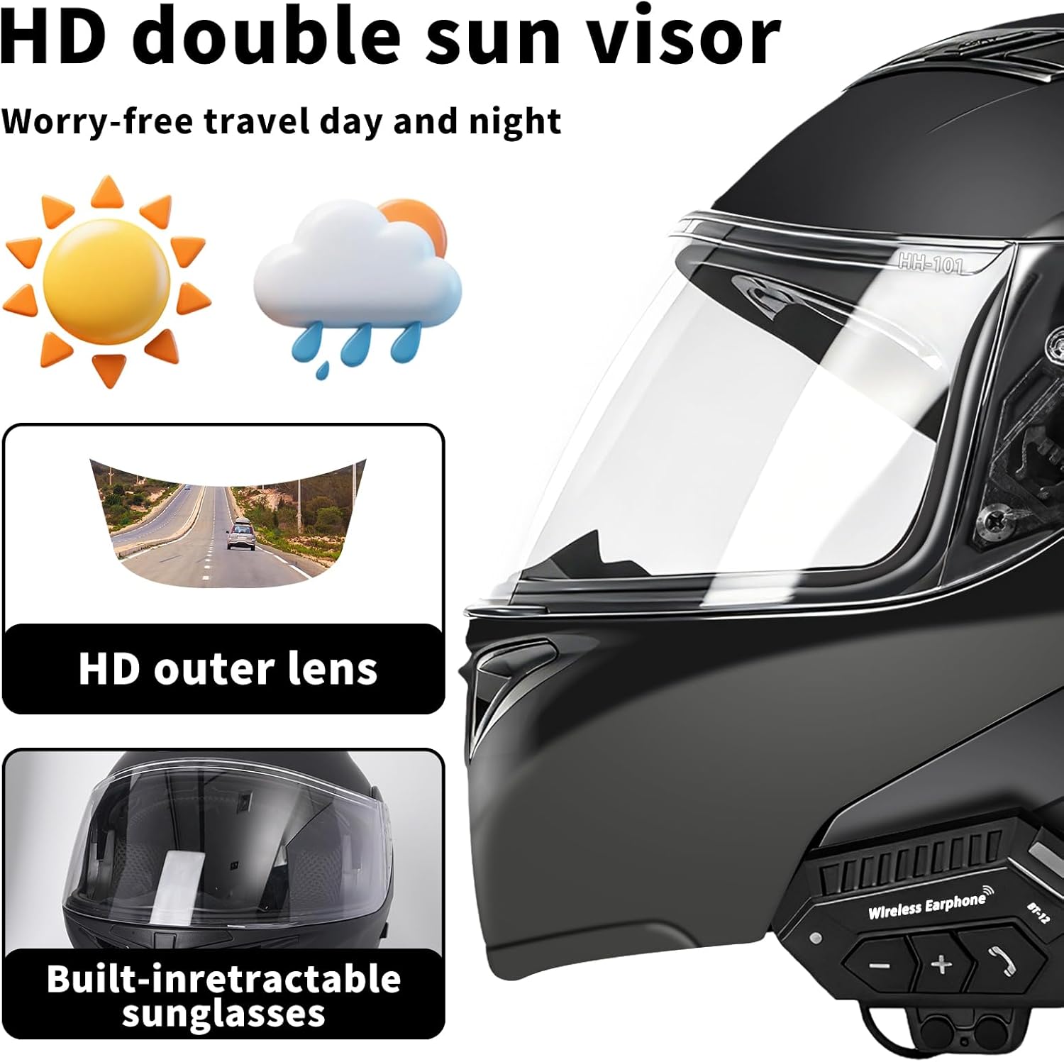 Motorcycle Bluetooth Modular Helmet, DOT FMVSS-218 Approved Flip Up Full Face Motorcycle Dual Visor Helmet, with Dual Speakers and Microphone, for Adults Men and Women