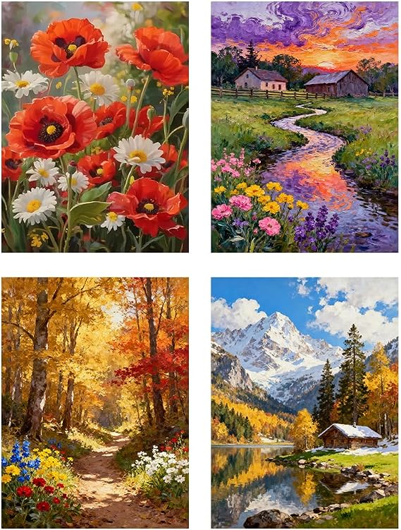 4 Pack Landscape Paint by Numbers Kit for Adults Beginner, Flowers Paint by Number, Adult Paint by Number Kits on Canvas, DIY Acrylic Oil Easy Painting by Numbers for Home Wall Decor 12X16 inch