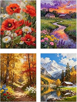 4 Pack Landscape Paint by Numbers Kit for Adults Beginner, Flowers Paint by Number, Adult Paint by Number Kits on Canvas, DIY Acrylic Oil Easy Painting by Numbers for Home Wall Decor 12X16 inch