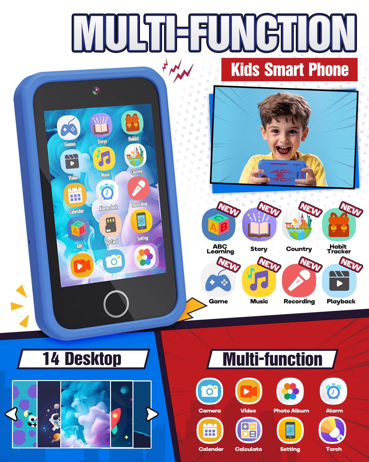 Teléfono inteligente para niños, teléfono de juguetes de araña para niños de 3, 4, 5, 6, 7, 8 años, cámara doble, pantalla táctil de 3.5 pulgadas, juguete educativo para niños pequeños, regalos de 2
