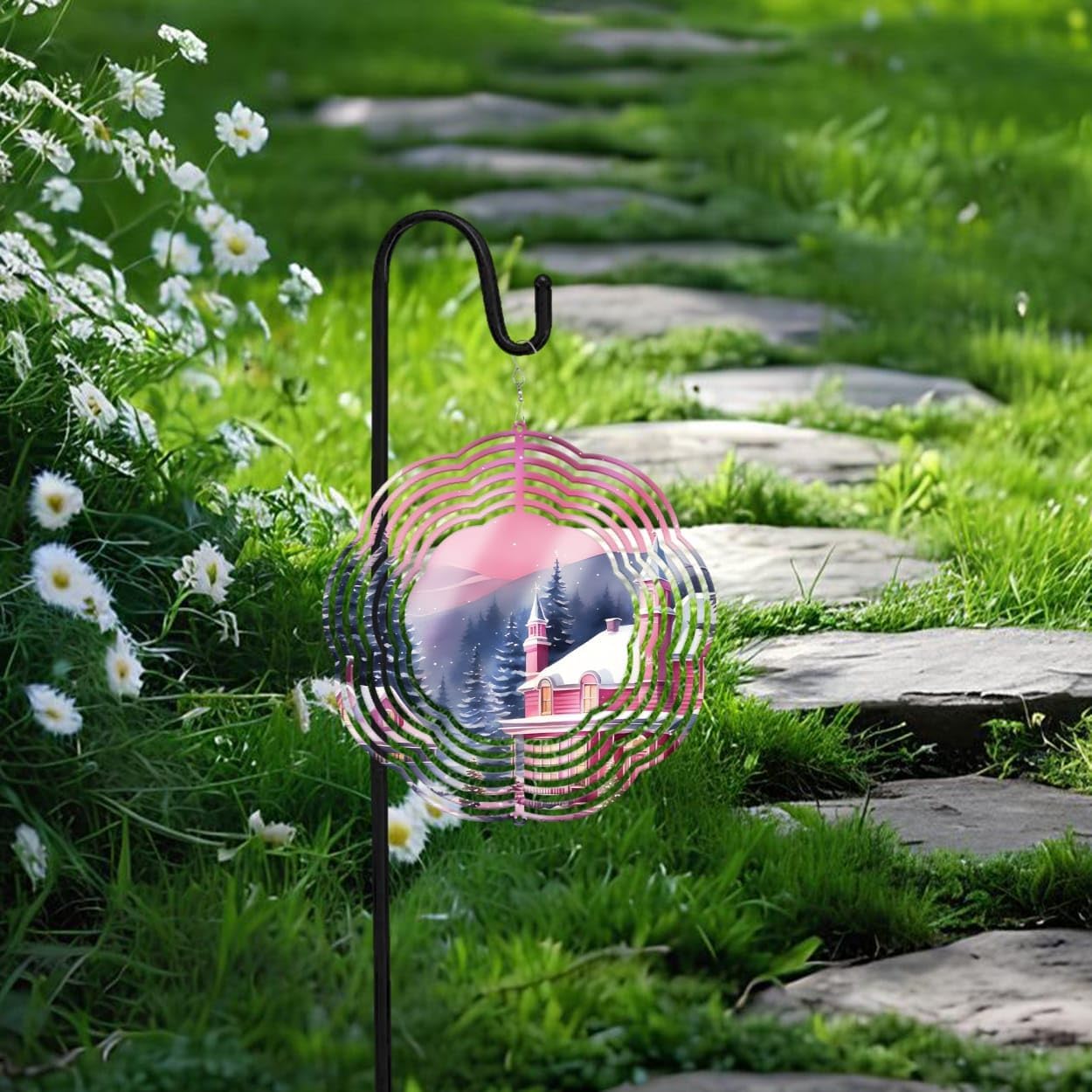 Pink Farmhouse Christmas Wind Spinners 3D Stainless Steel Laser Cut Metal Double Sided Printing-Hanging Indoor/Outdoor Decorations Yard Gardening Decor,Metal Kinetic Art 16x16 inches