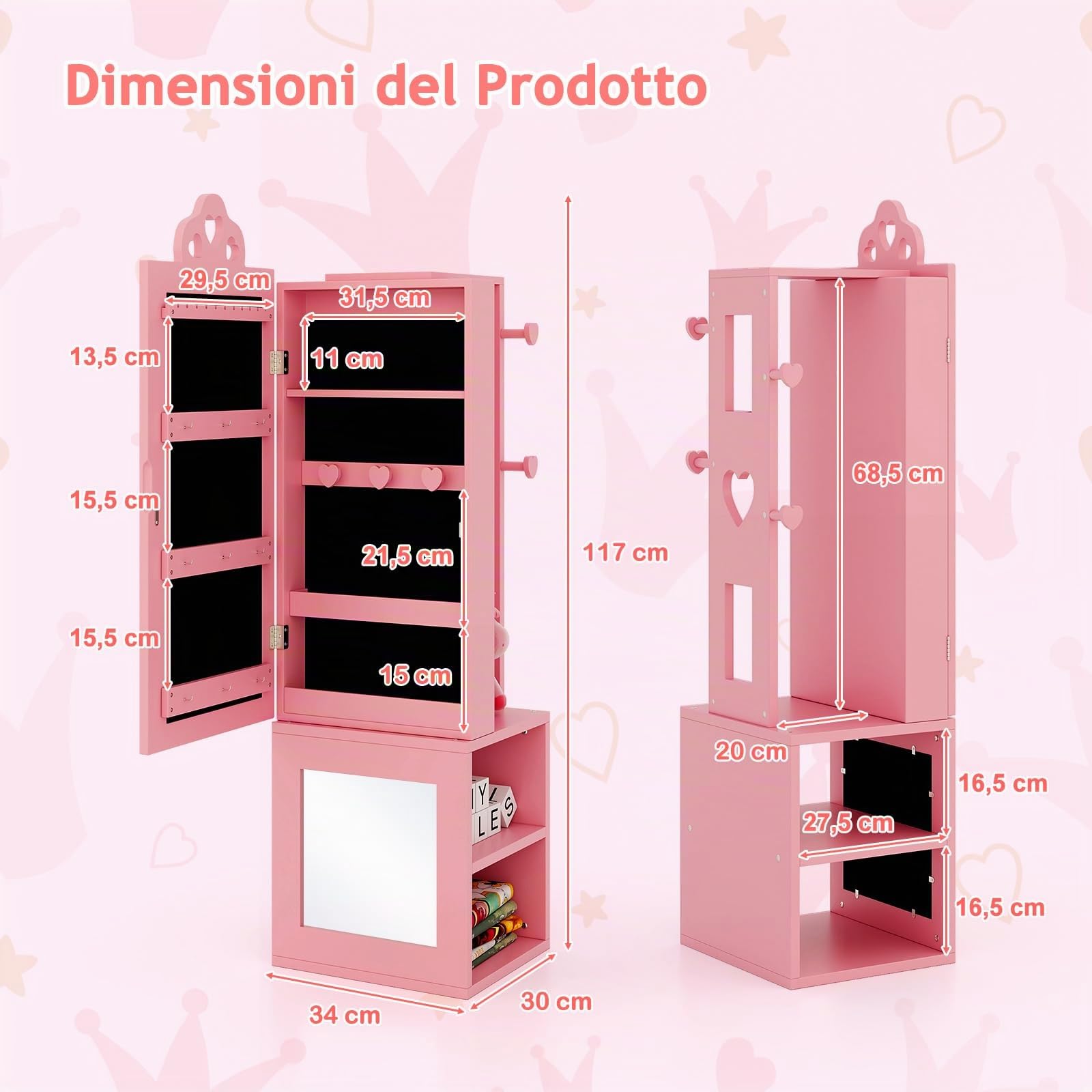 GYMAX Armadio per Gioielli per Bambini con Specchio a Figura Intera, Portagioie Bambina con Anti-ribaltamento, per Cameretta e Sala Giochi, 34 x 30 x 117 cm (Rosa)
