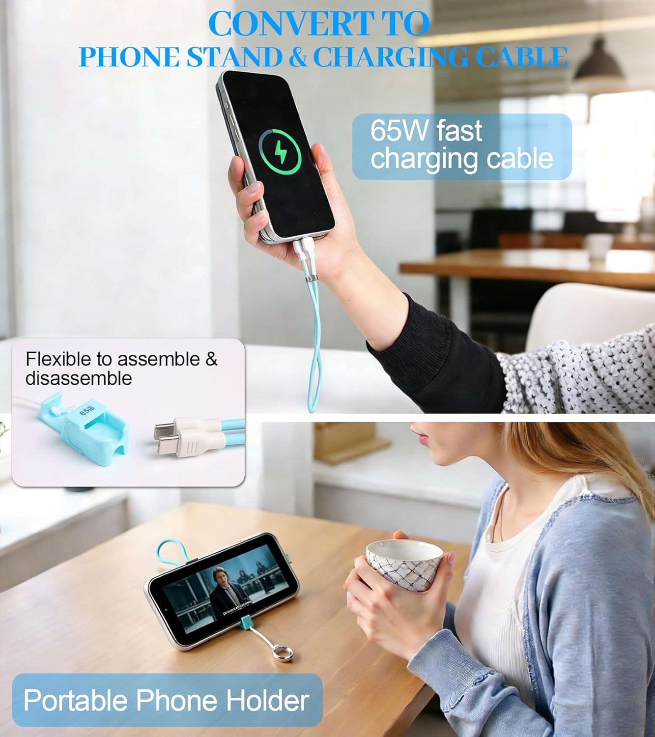 Phone Wrist Strap PD65W USB C to USB C Cables, Phone Holder