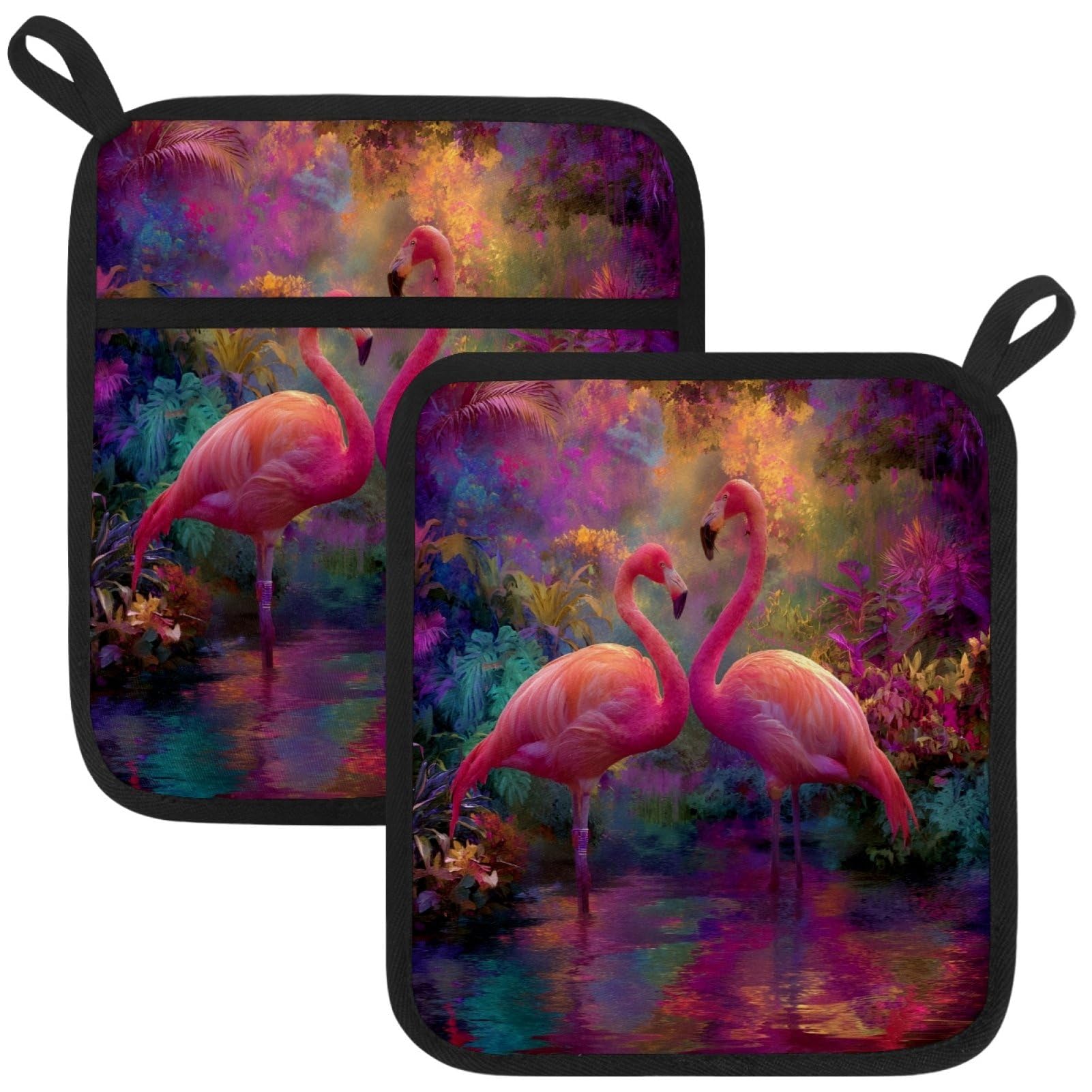 VAPOKF Flamingo Heat Resistant Pot Holders, Thick Pot Holders Pad with Hanging Loop for Kitchen, Oven Cloth Pads for Kitchen Baking Microwave Oven