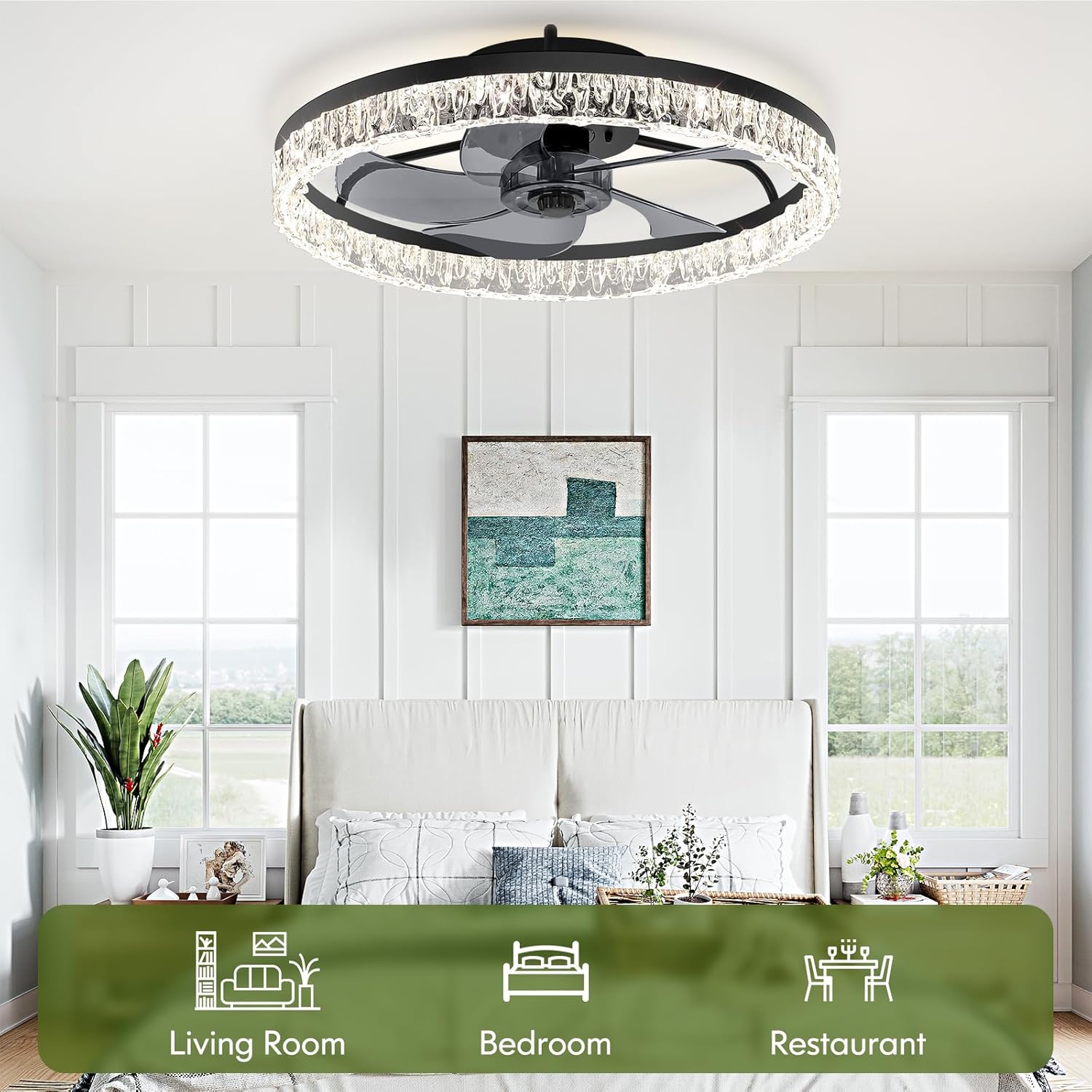 Ceiling Fans with Lights and Remote, 20'' Smart Low Profile Ceiling Fans, 3000K-6500K Dimmable Flush Mount LED Ceiling Fan, 6 Wind Speeds, Black Fandelier Ceiling Fan with Lights for Bedroom